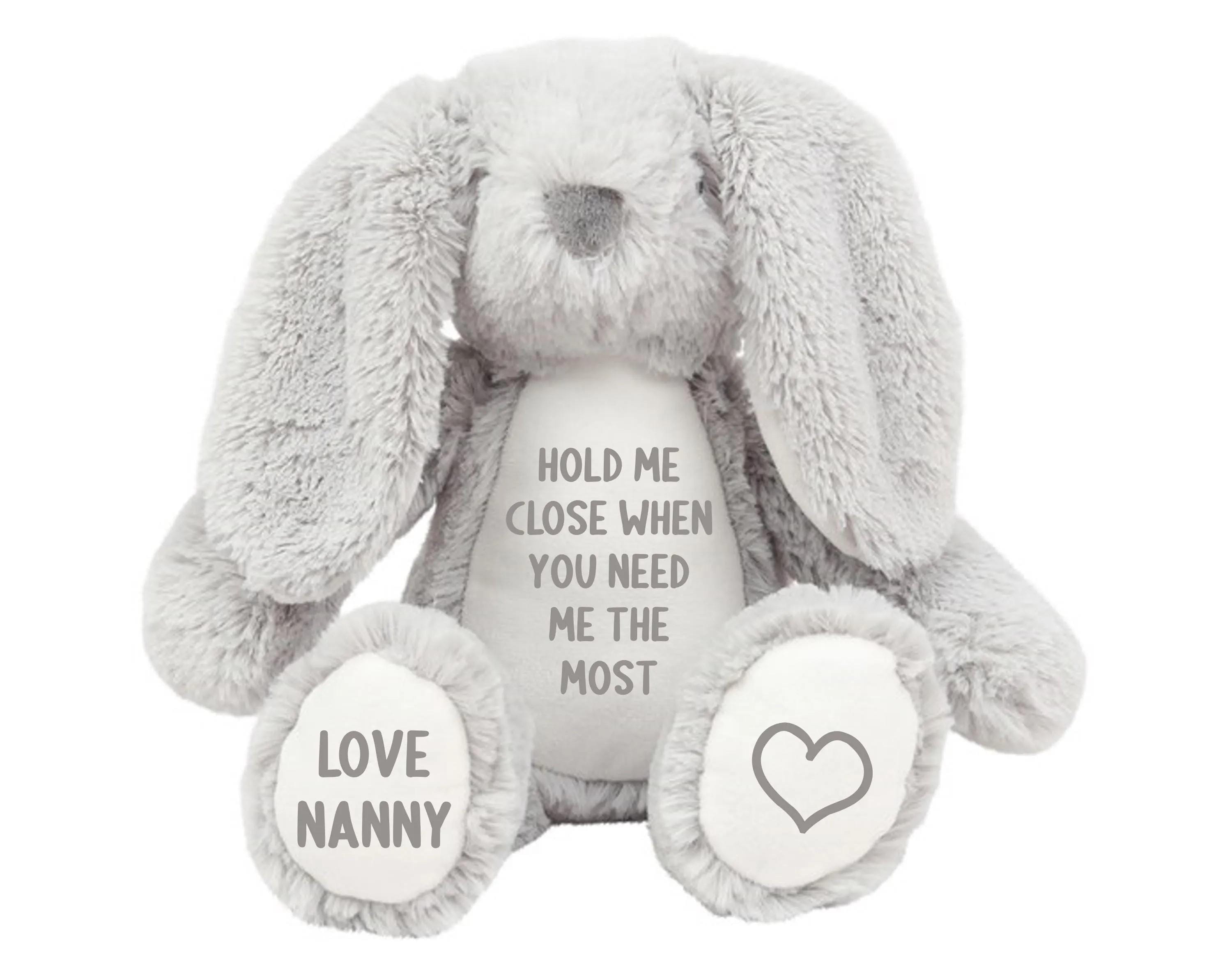 Personalised Hold Me Close Keepsake Gift Grey Bunny Rabbit Plush Teddy Cuddly Toy