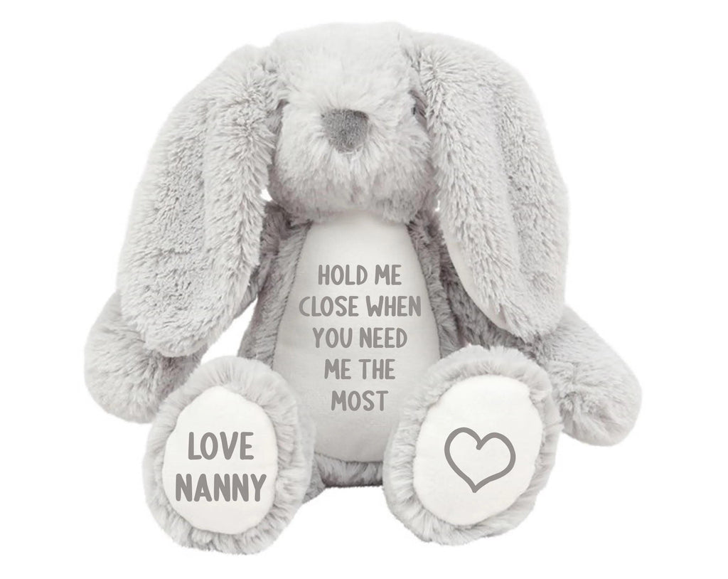 Personalised Hold Me Close Keepsake Gift Grey Bunny Rabbit Plush Teddy Cuddly Toy