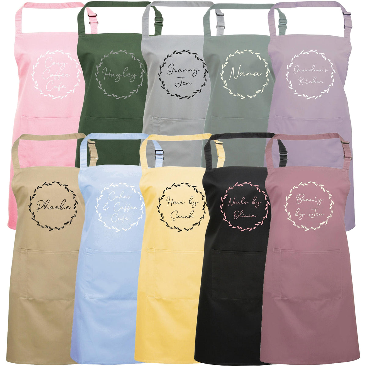 Personalised Floral Wreath Apron Custom Name Text Print Design