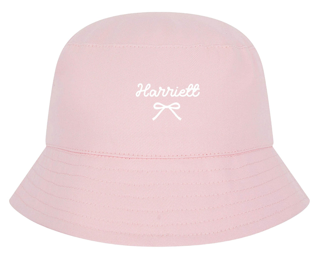 Girls Personalised Name Cotton Bucket Summer Sun Hat Cute Pink Bow Baby, Toddler, Kids