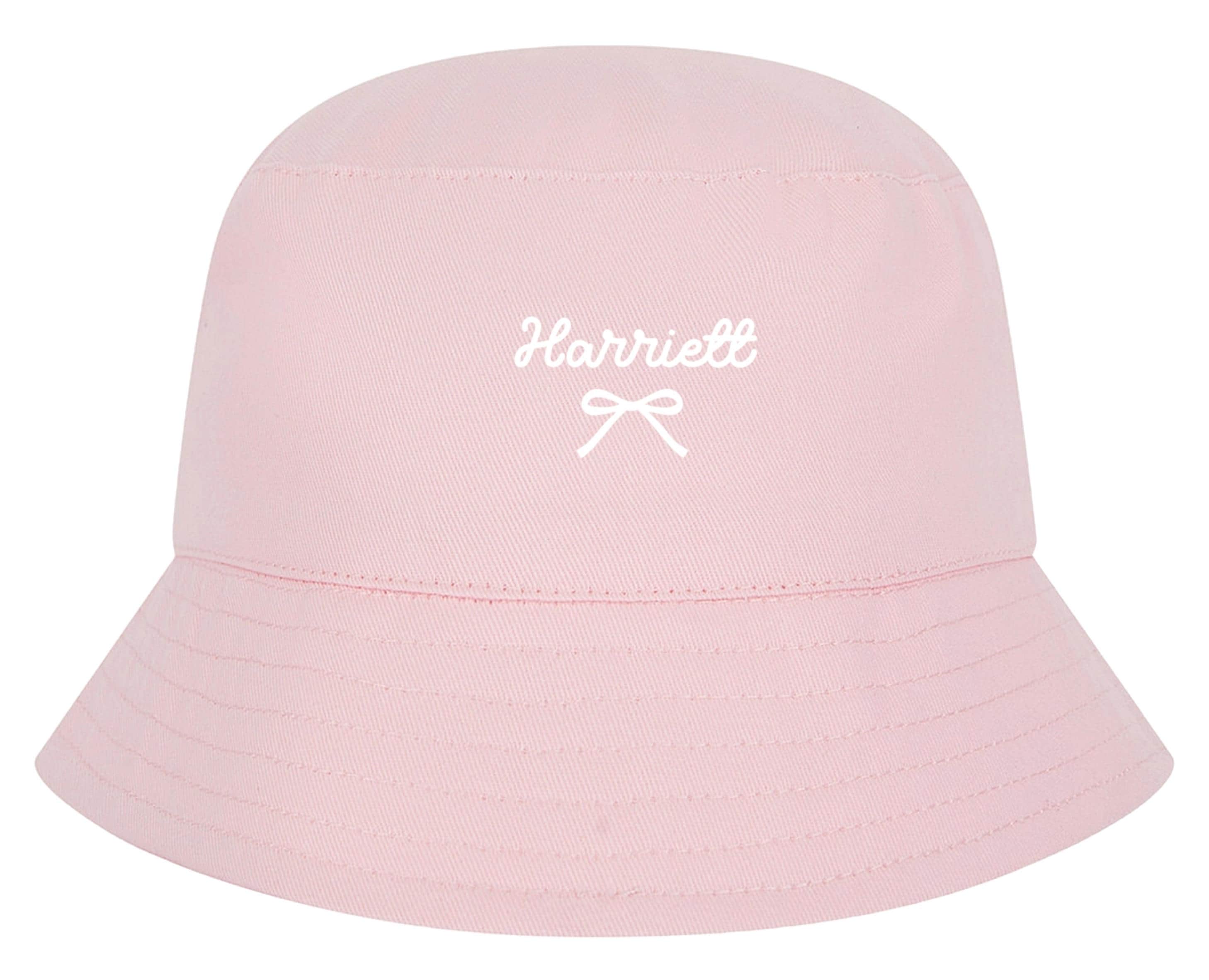 Girls Personalised Name Cotton Bucket Summer Sun Hat Cute Pink Bow Baby, Toddler, Kids