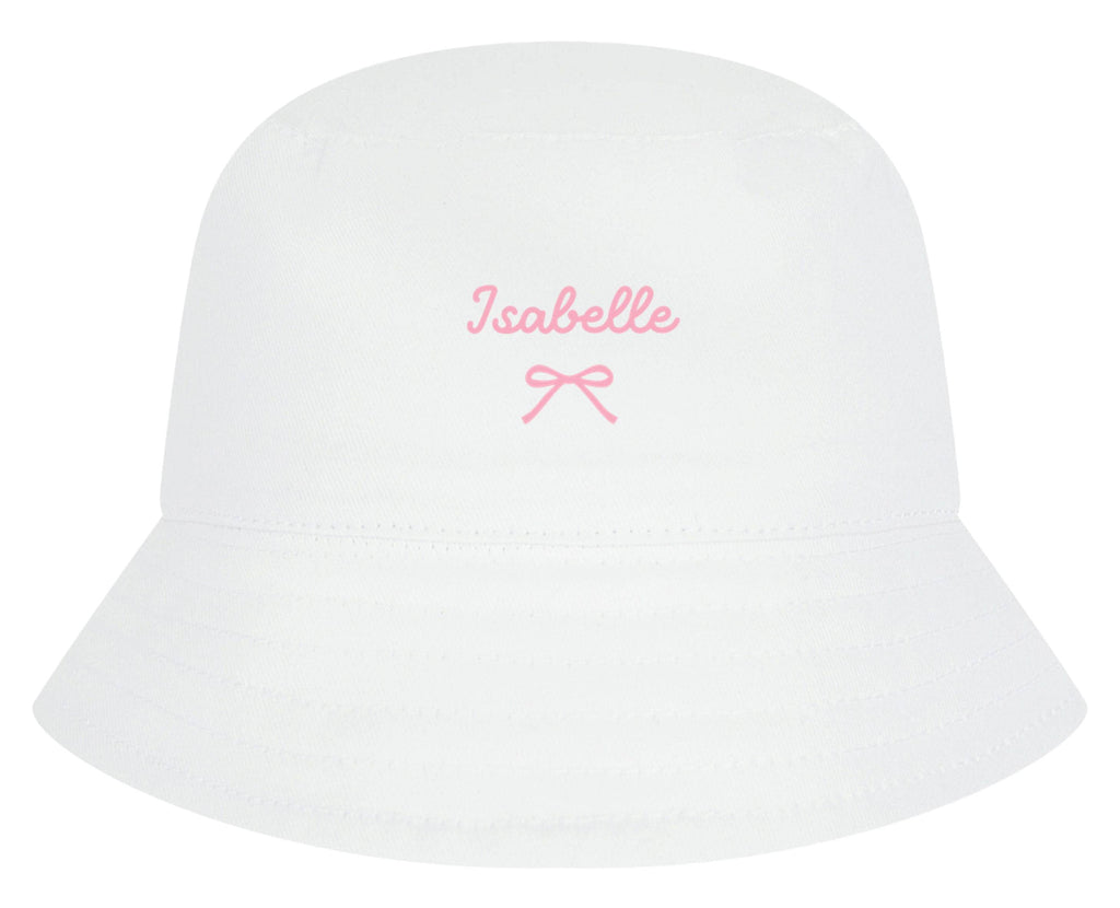 Girls Personalised Name Cotton Bucket Summer Sun Hat Cute Pink Bow Baby, Toddler, Kids