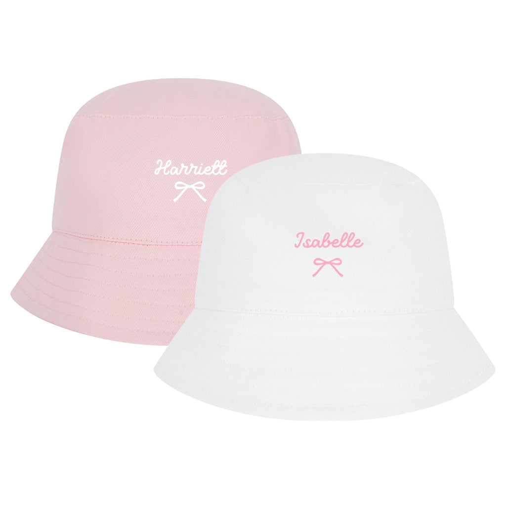 Girls Personalised Name Cotton Bucket Summer Sun Hat Cute Pink Bow Baby, Toddler, Kids