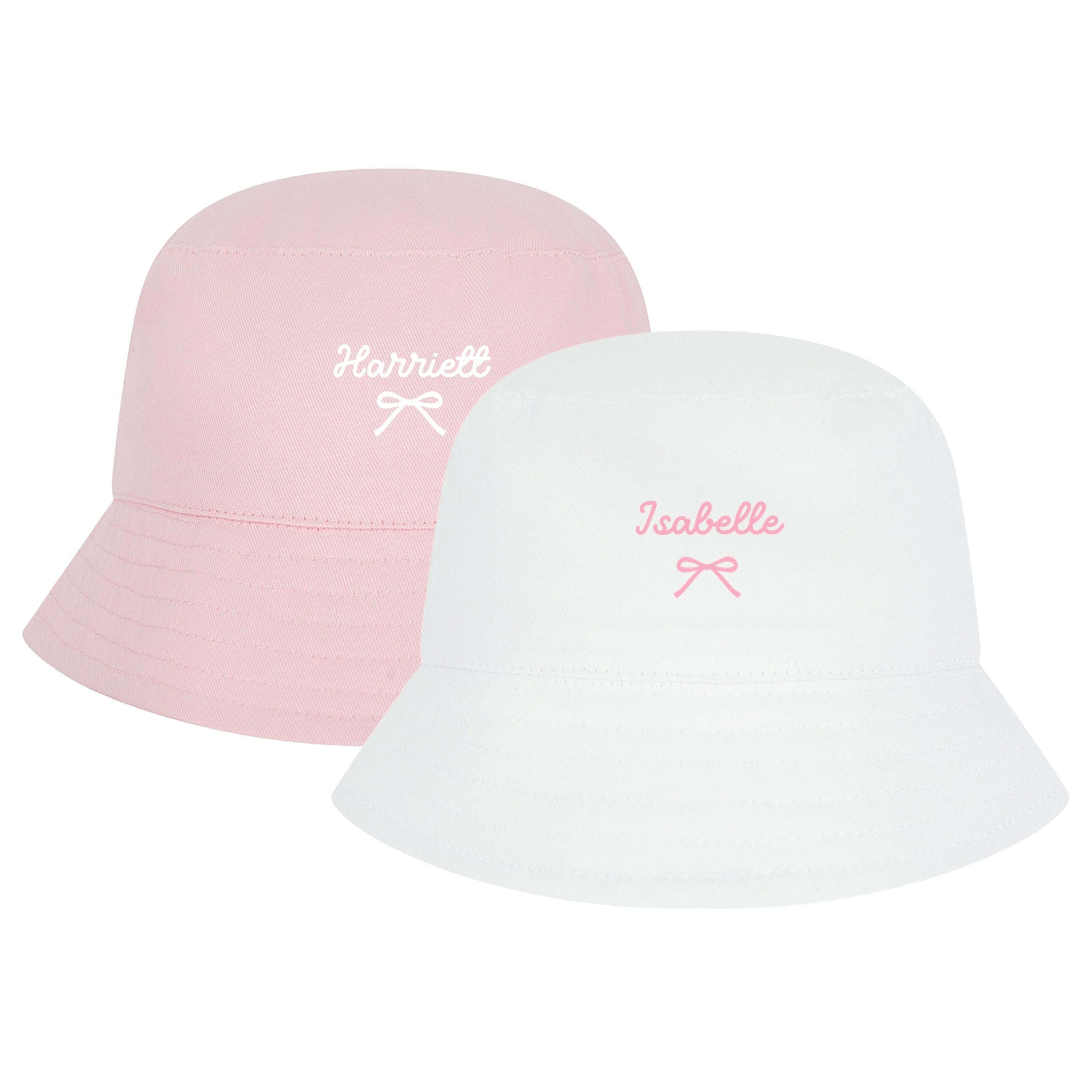 Girls Personalised Name Cotton Bucket Summer Sun Hat Cute Pink Bow Baby, Toddler, Kids