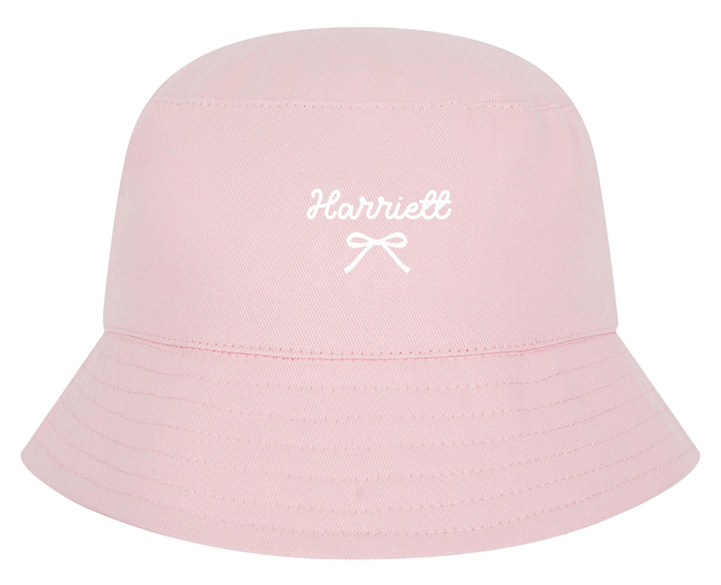 Girls Personalised Name Cotton Bucket Summer Sun Hat Cute Pink Bow Baby, Toddler, Kids