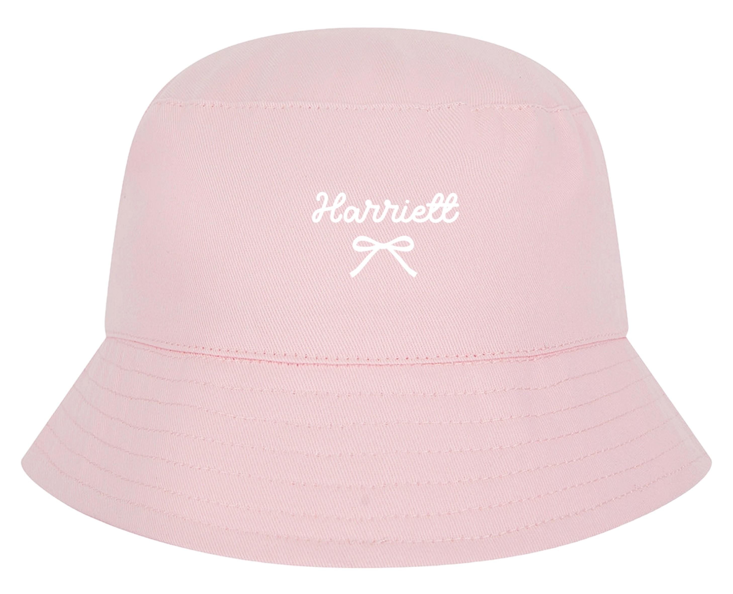 Girls Personalised Name Cotton Bucket Summer Sun Hat Cute Pink Bow Baby, Toddler, Kids