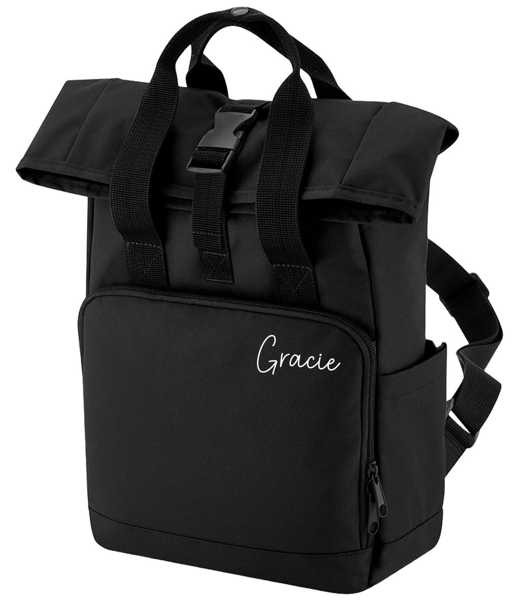 Personalised Name Small Recycled Roll Top Backpack Custom School Rucksack Nursery Bag
