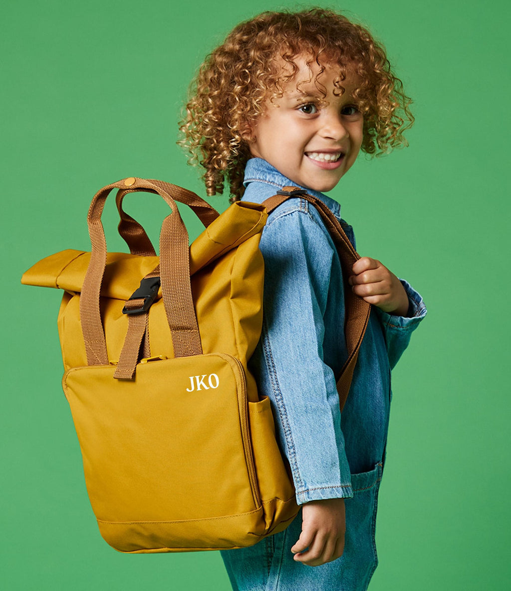 Personalised Initials Small Recycled Roll Top Backpack Custom School Rucksack Nursery Bag