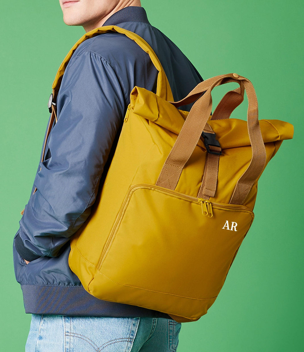 Personalised Initials Large Recycled Roll Top Laptop Backpack Custom School Rucksack College Bag