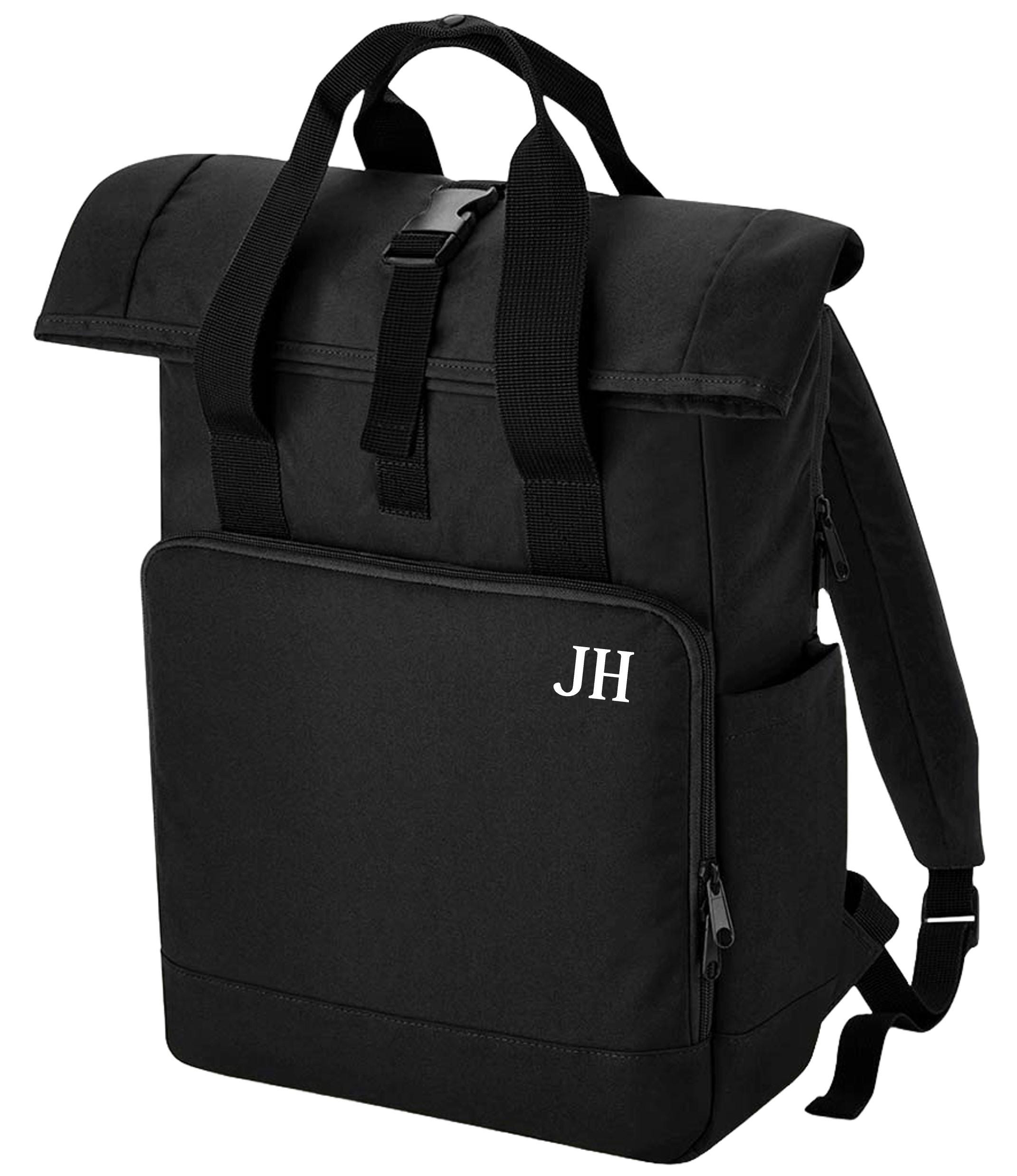 Personalised Initials Large Recycled Roll Top Laptop Backpack Custom School Rucksack College Bag