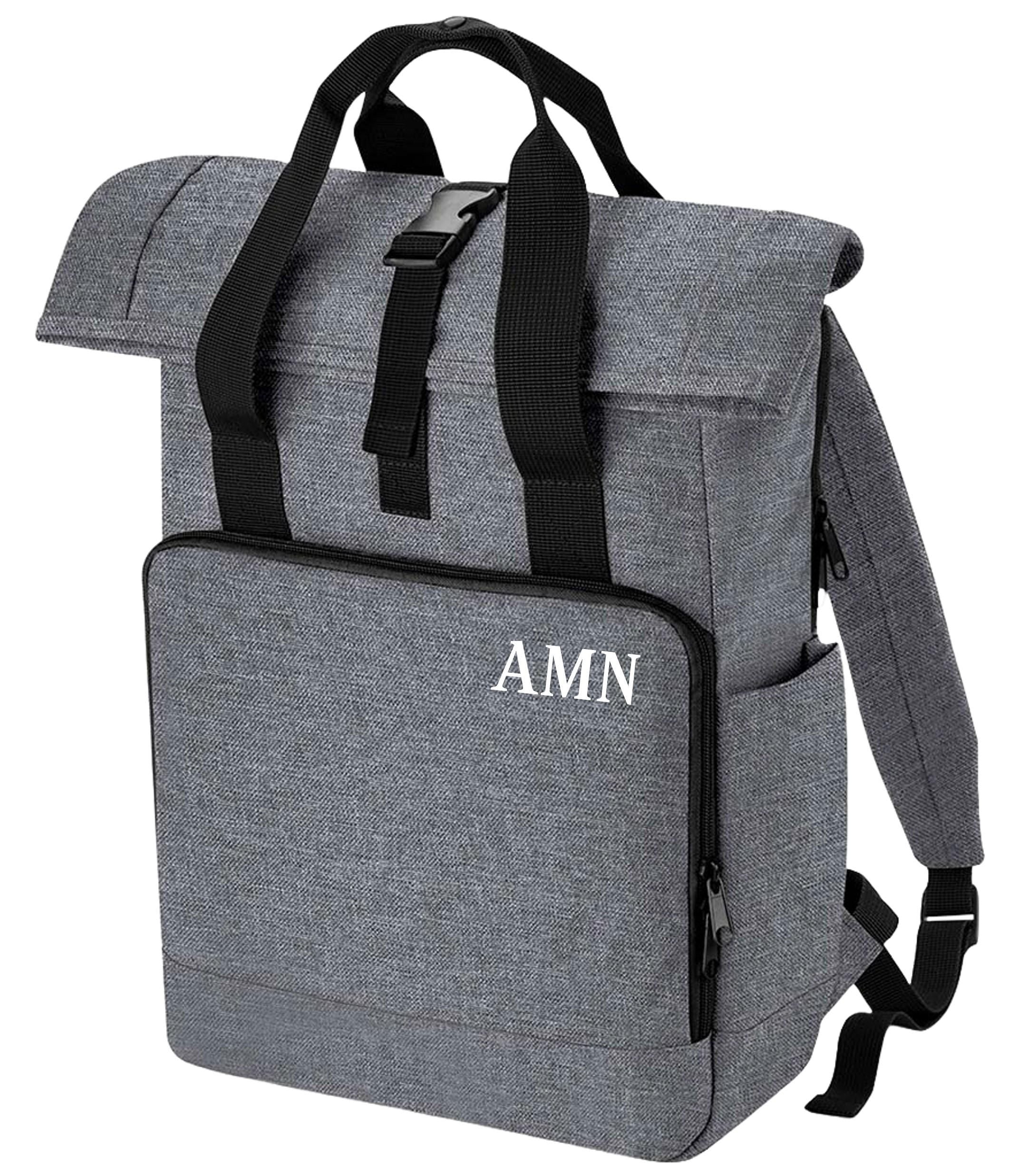 Personalised Initials Large Recycled Roll Top Laptop Backpack Custom School Rucksack College Bag