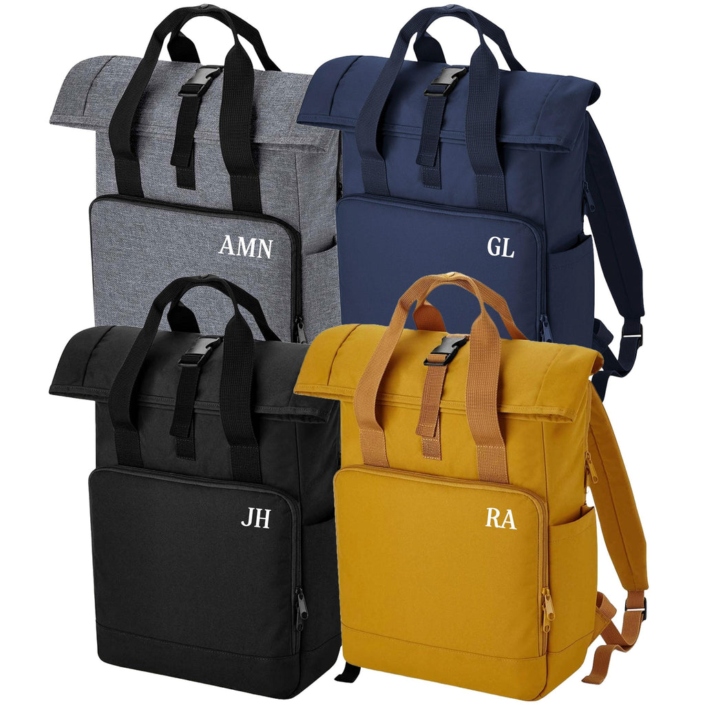 Personalised Initials Large Recycled Roll Top Laptop Backpack Custom School Rucksack College Bag
