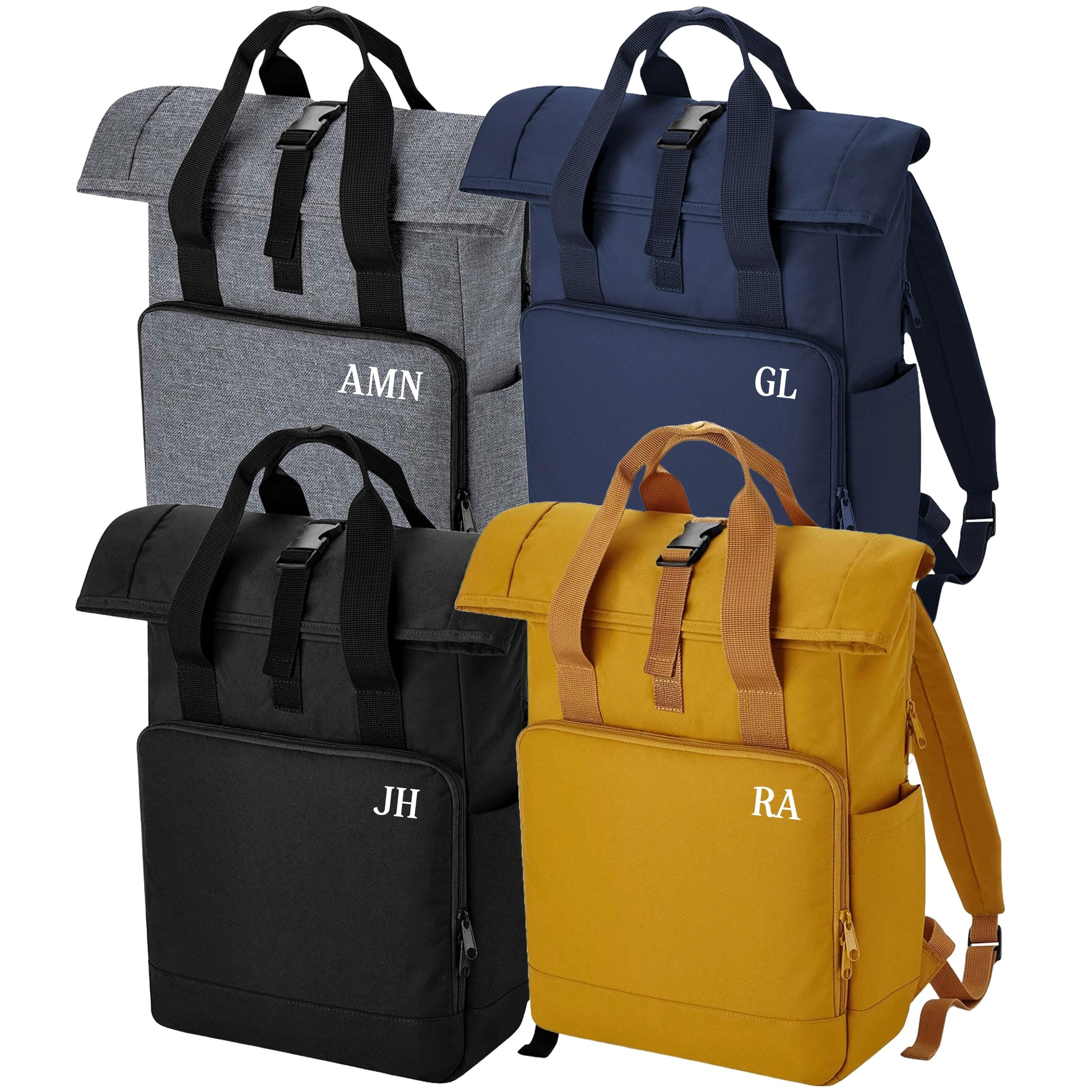 Personalised Initials Large Recycled Roll Top Laptop Backpack Custom School Rucksack College Bag