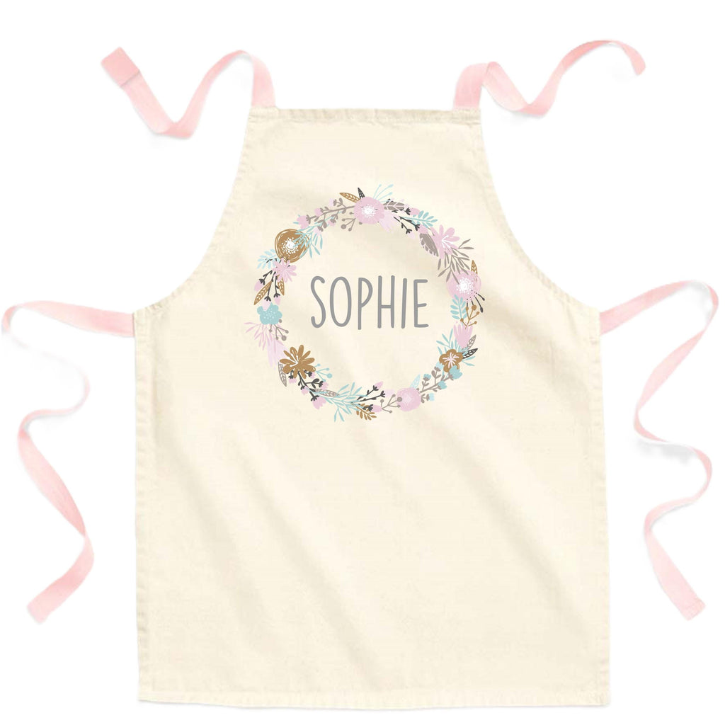 Girls Personalised Name Pink Wreath Craft Apron Fairtrade Cotton Kitchen Baking Gift