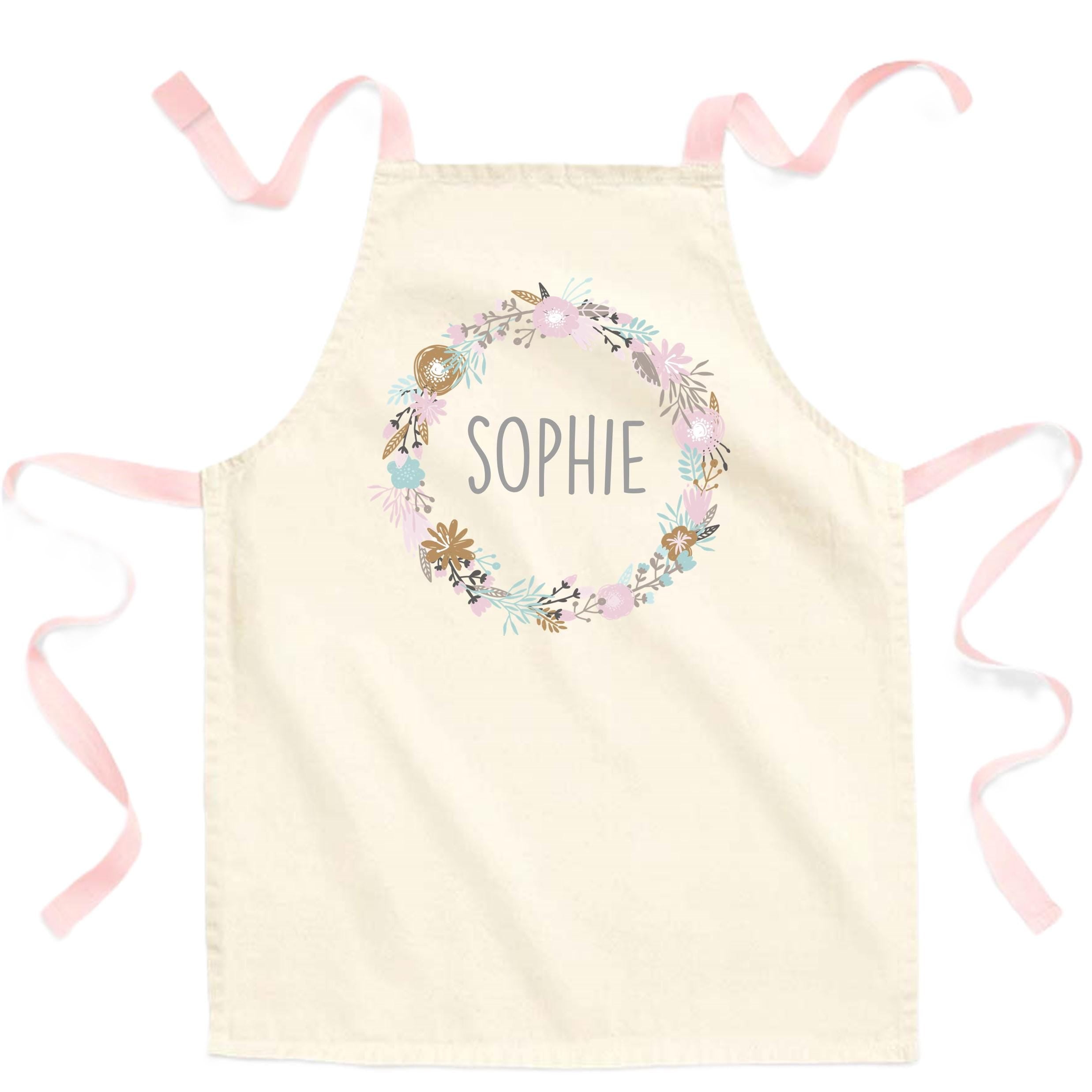 Girls Personalised Name Pink Wreath Craft Apron Fairtrade Cotton Kitchen Baking Gift