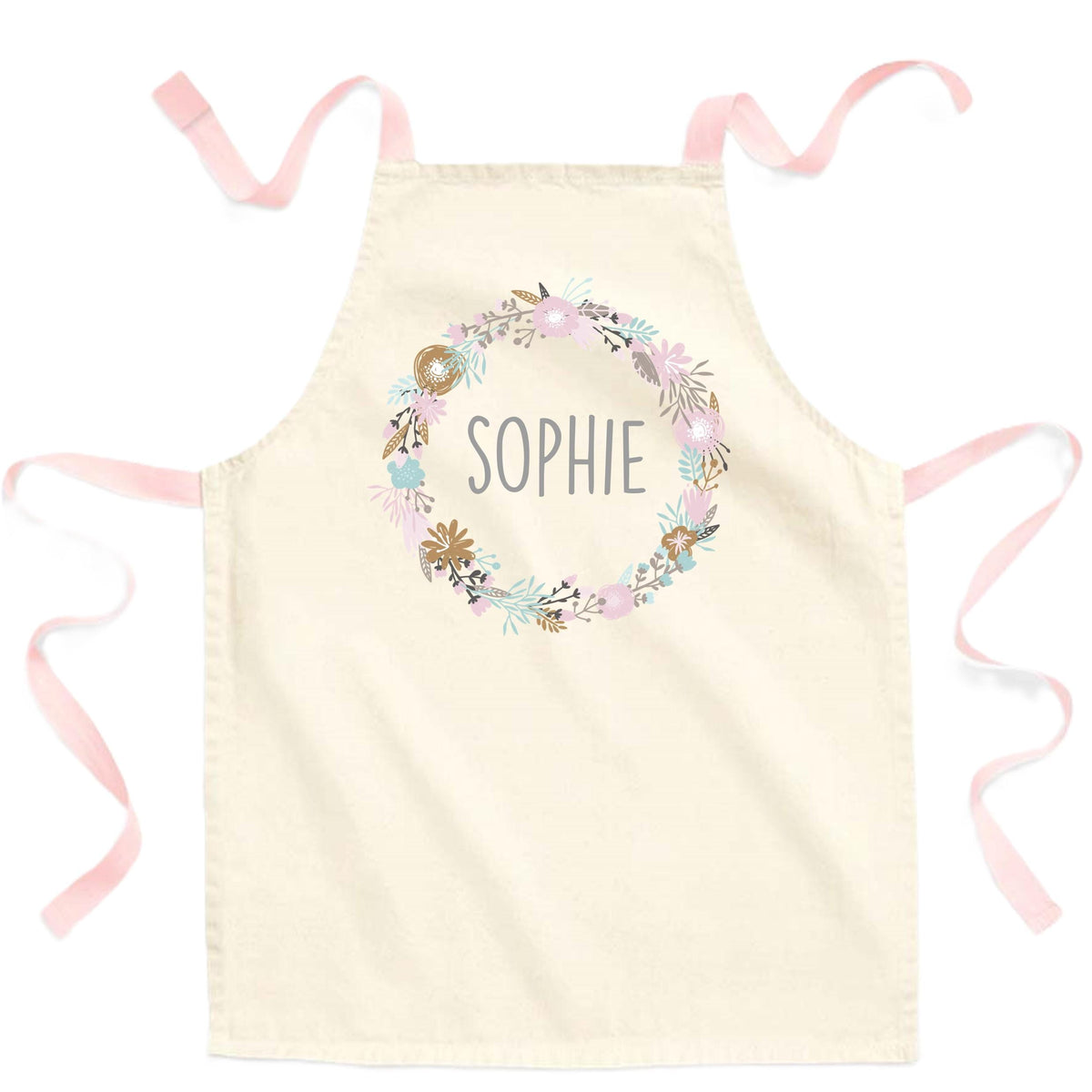 Girls Personalised Name Pink Wreath Craft Apron Fairtrade Cotton Kitchen Baking Gift