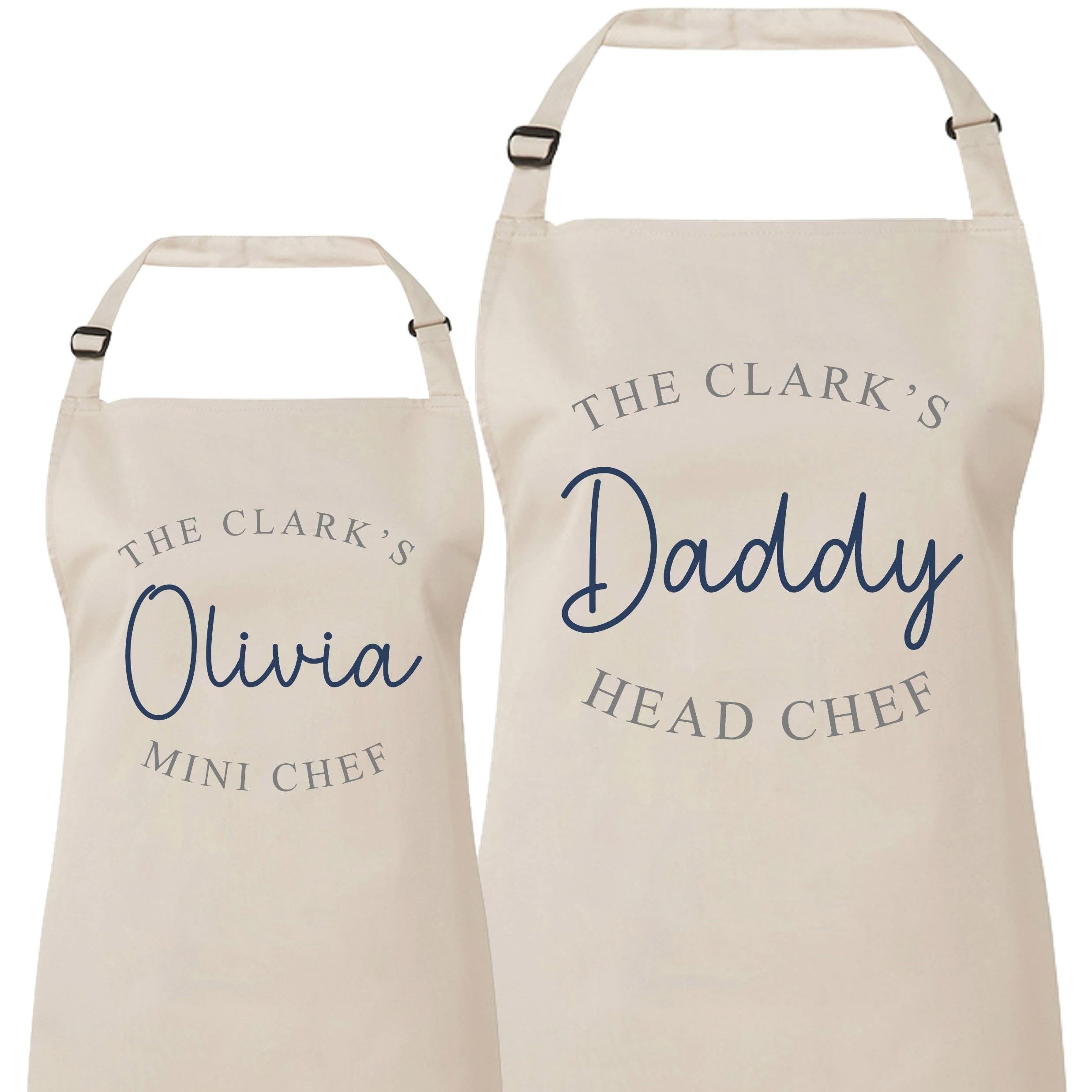 Personalised Name Head Chef & Mini Chef Aprons - Adults Childrens Matching Family Surname Natural Beige