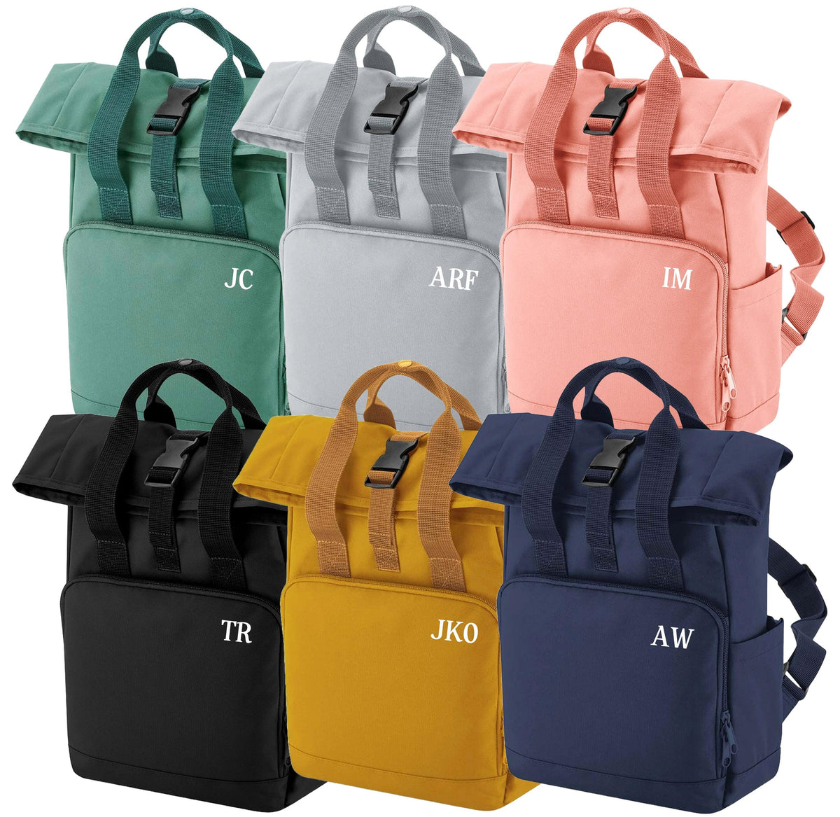Personalised Initials Small Recycled Roll Top Backpack Custom School Rucksack Nursery Bag