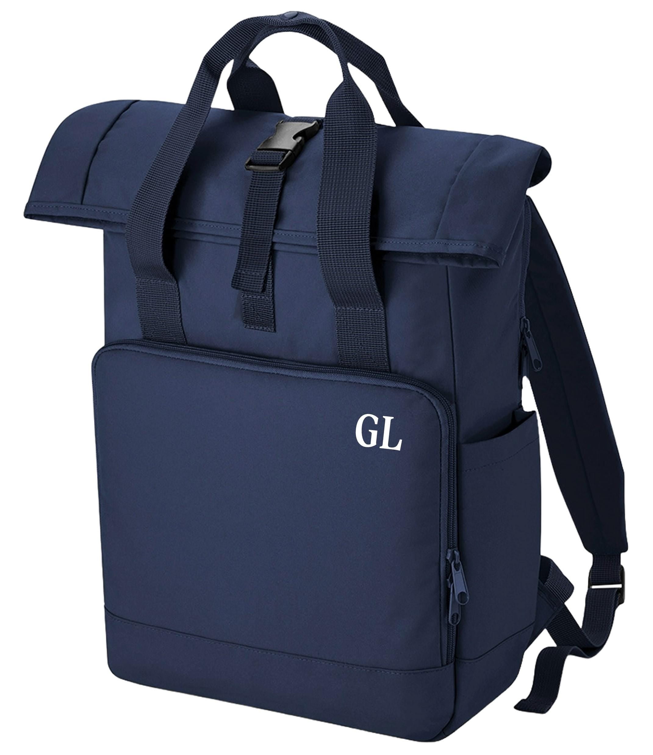 Personalised Initials Large Recycled Roll Top Laptop Backpack Custom School Rucksack College Bag