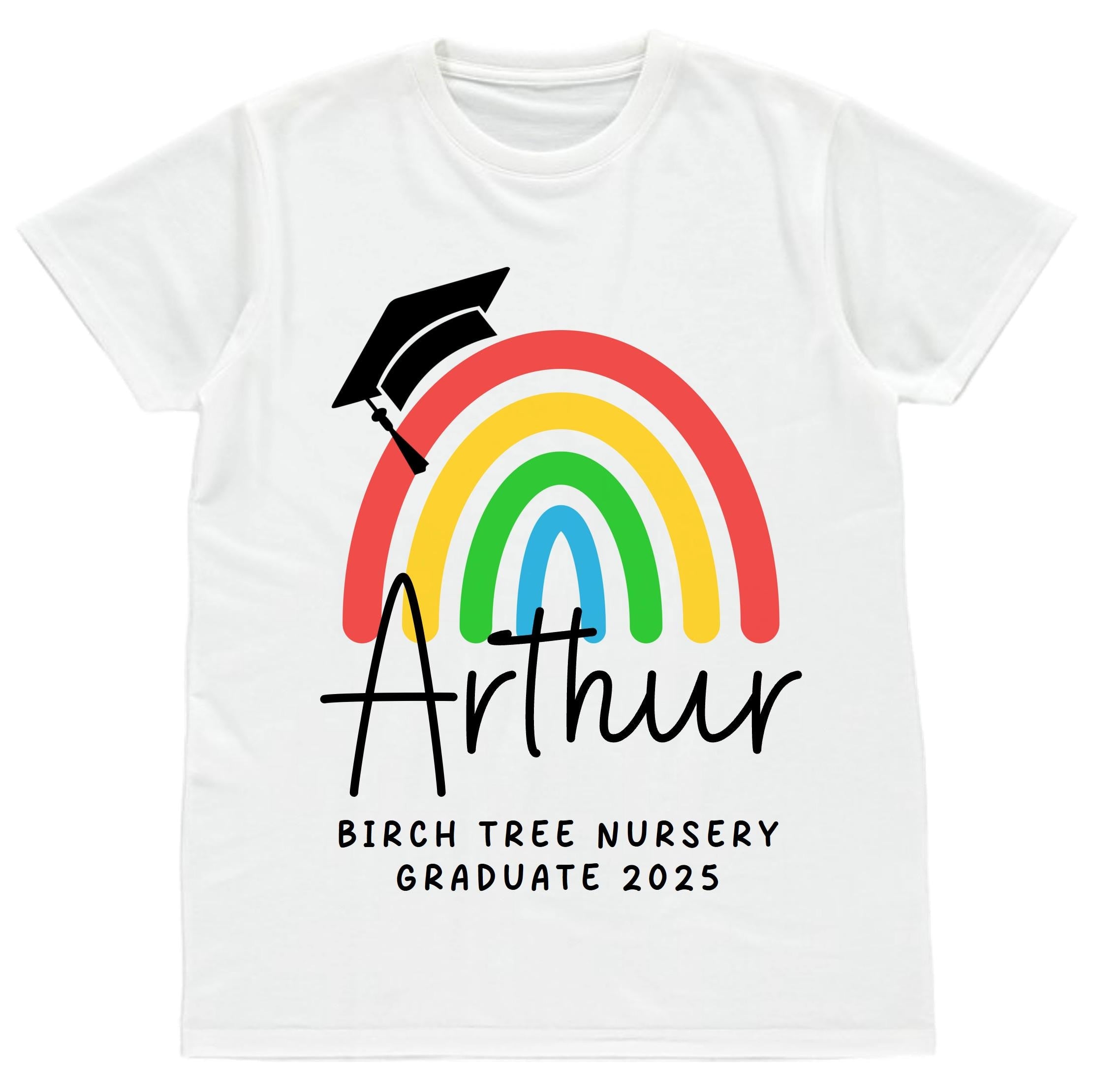Kids Personalised Nursery Graduation T-Shirts Rainbow Girls Boys Pre School Leavers Class Of Keepsake