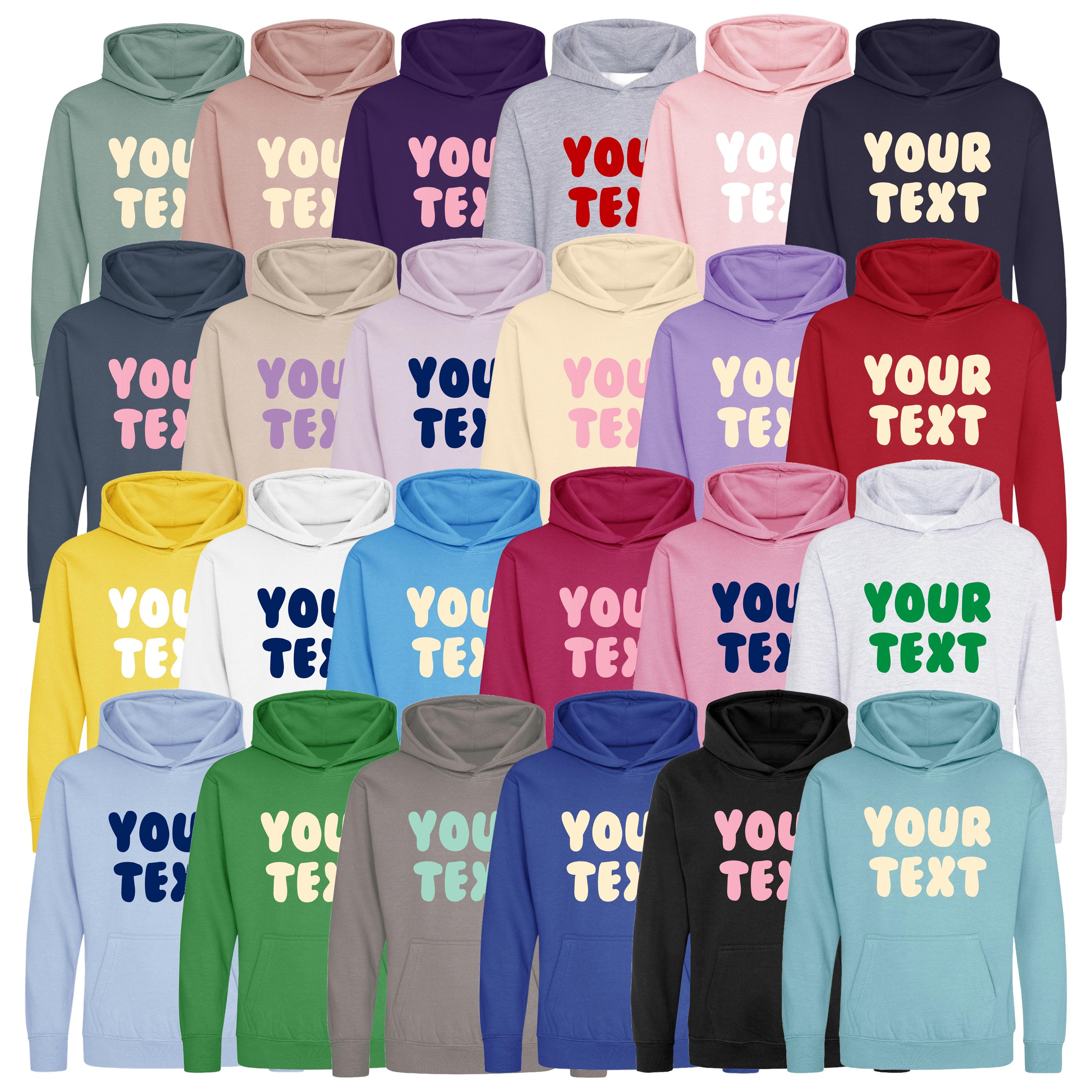 Personalised Bubble Font Text Hoodie (Kids & Adults Sizes) Custom Name Your Design Girls Boys Ladies Mens