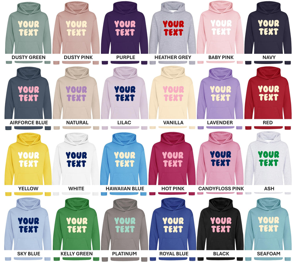 Personalised Bubble Font Text Hoodie (Kids & Adults Sizes) Custom Name Your Design Girls Boys Ladies Mens