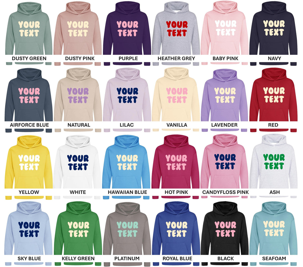 Personalised Bubble Font Text Hoodie (Kids & Adults Sizes) Custom Name Your Design Girls Boys Ladies Mens