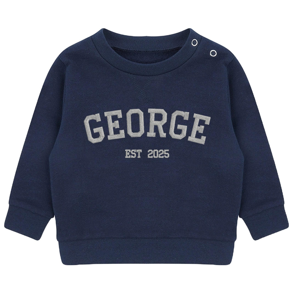Embroidered Name Personalised Year Boys & Girls Sustainable Sweatshirts Baby and Toddler Custom Varsity Jumper Gift