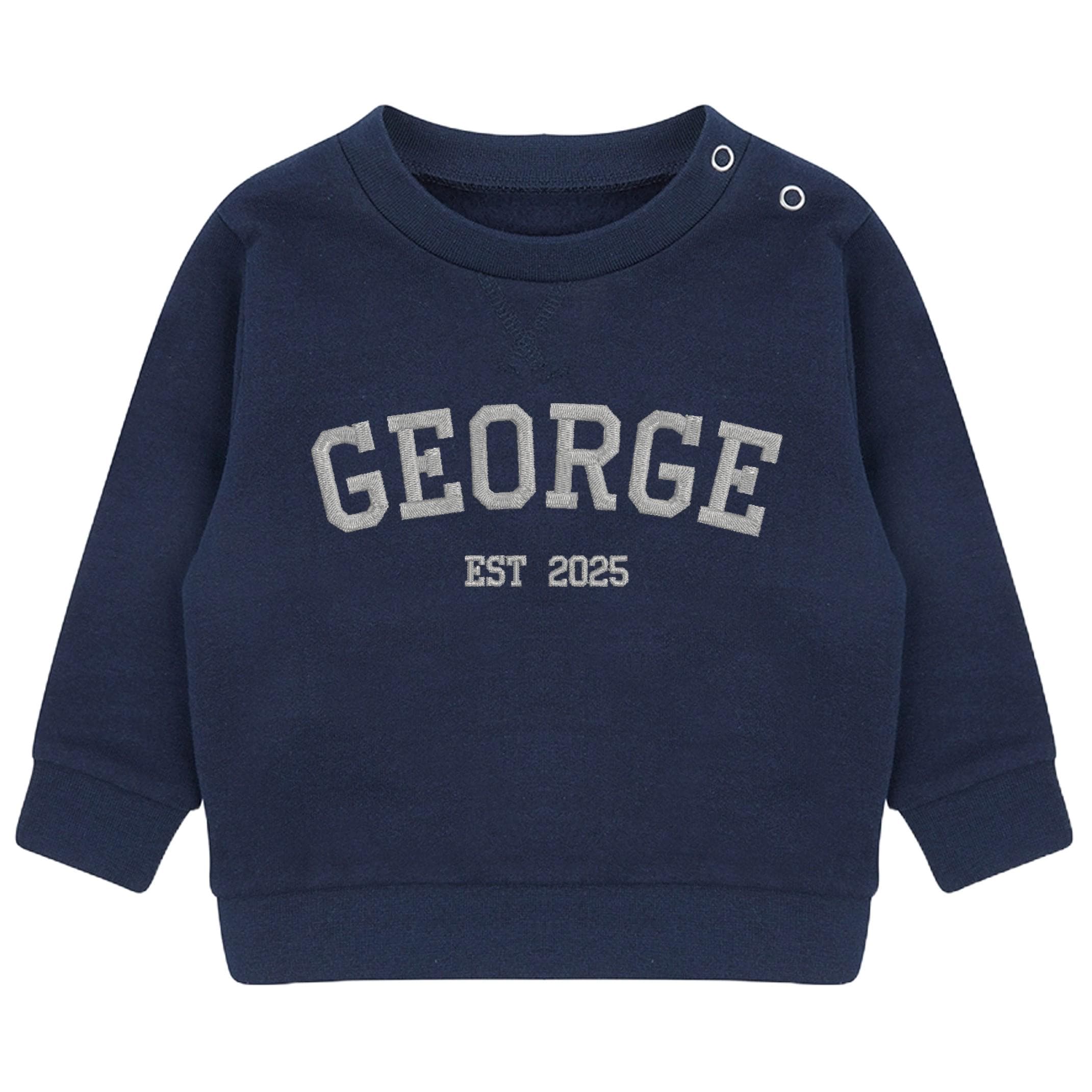 Embroidered Name Personalised Year Boys & Girls Sustainable Sweatshirts Baby and Toddler Custom Varsity Jumper Gift