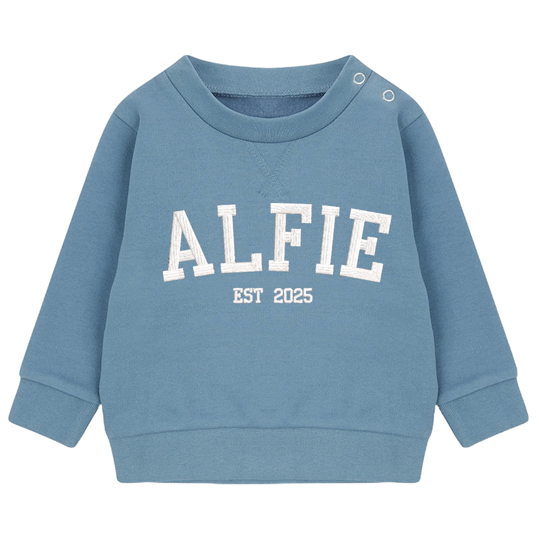 Embroidered Name Personalised Year Boys & Girls Sustainable Sweatshirts Baby and Toddler Custom Varsity Jumper Gift