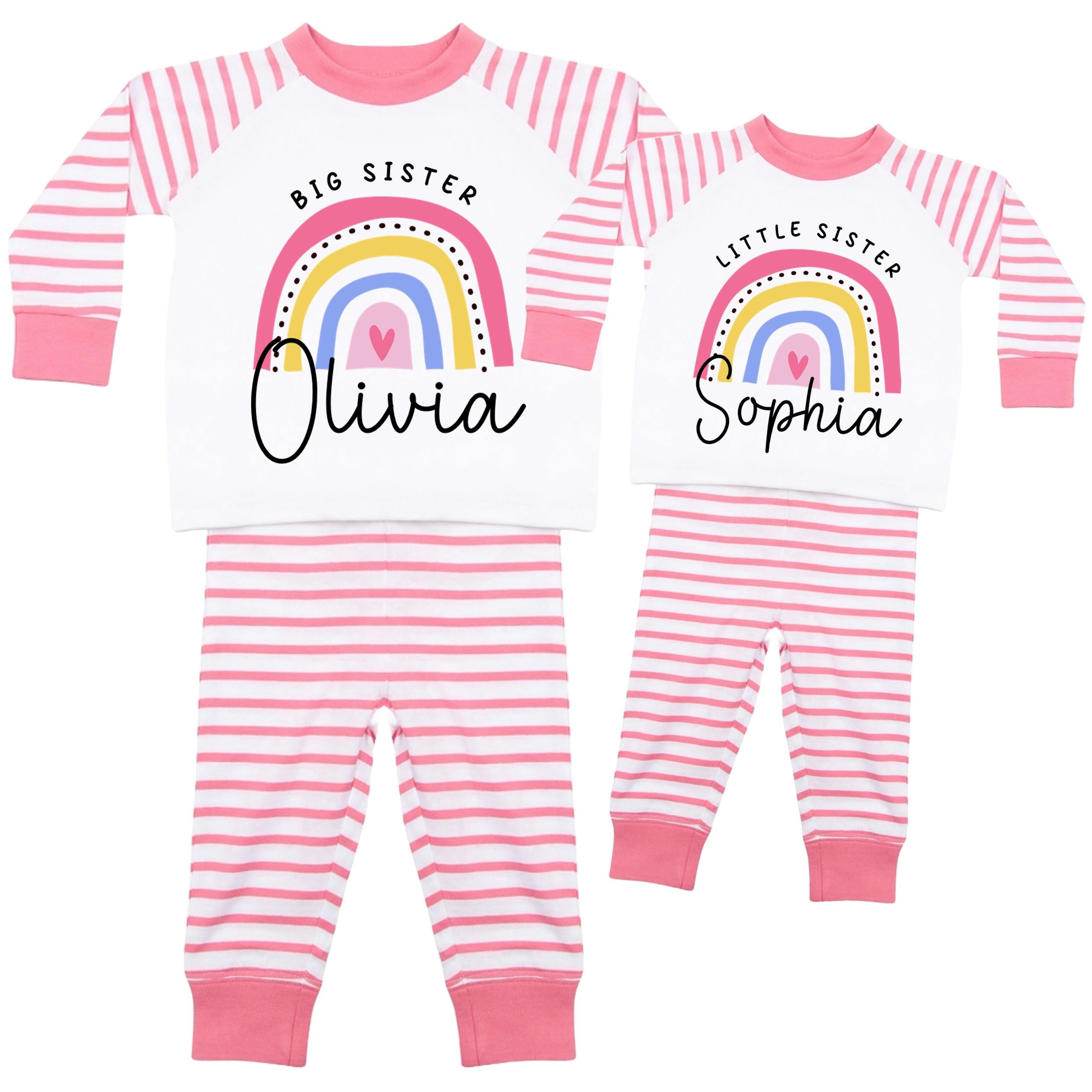 Girls Personalised Name Big & Little Sister Striped Pyjamas Custom Text Matching Siblings Personalised Gift