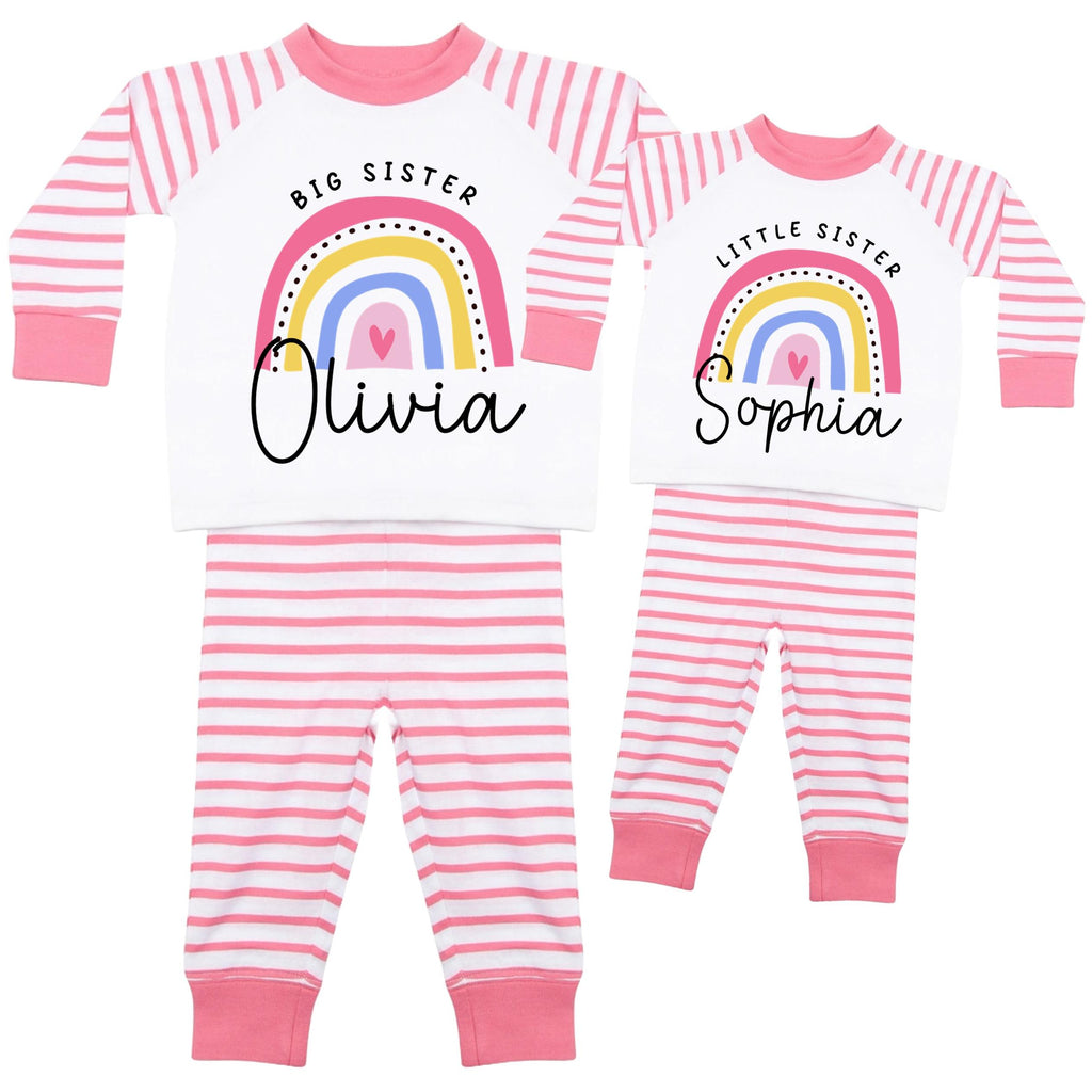 Girls Personalised Name Big & Little Sister Striped Pyjamas Custom Text Matching Siblings Personalised Gift