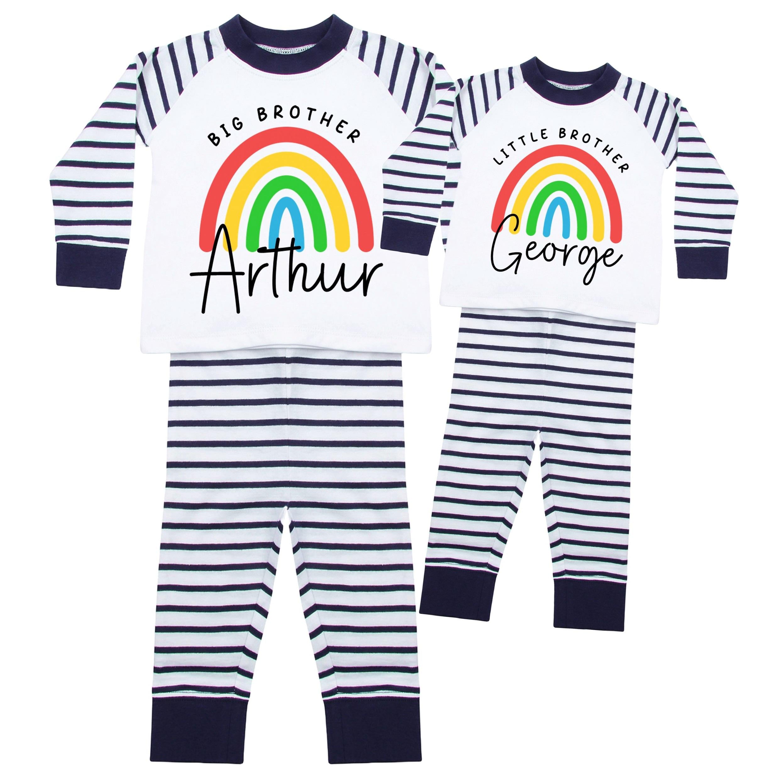 Boys Personalised Name Big & Little Brother Striped Pyjamas Custom Text Matching Siblings Personalised Gift