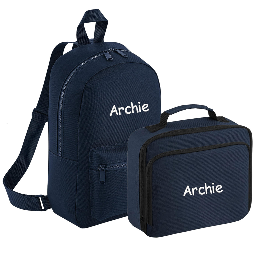 Embroidered Kids Personalised Name Backpack & Lunch Bag Set Boys Girls Navy Custom School Rucksack Nursery Bag