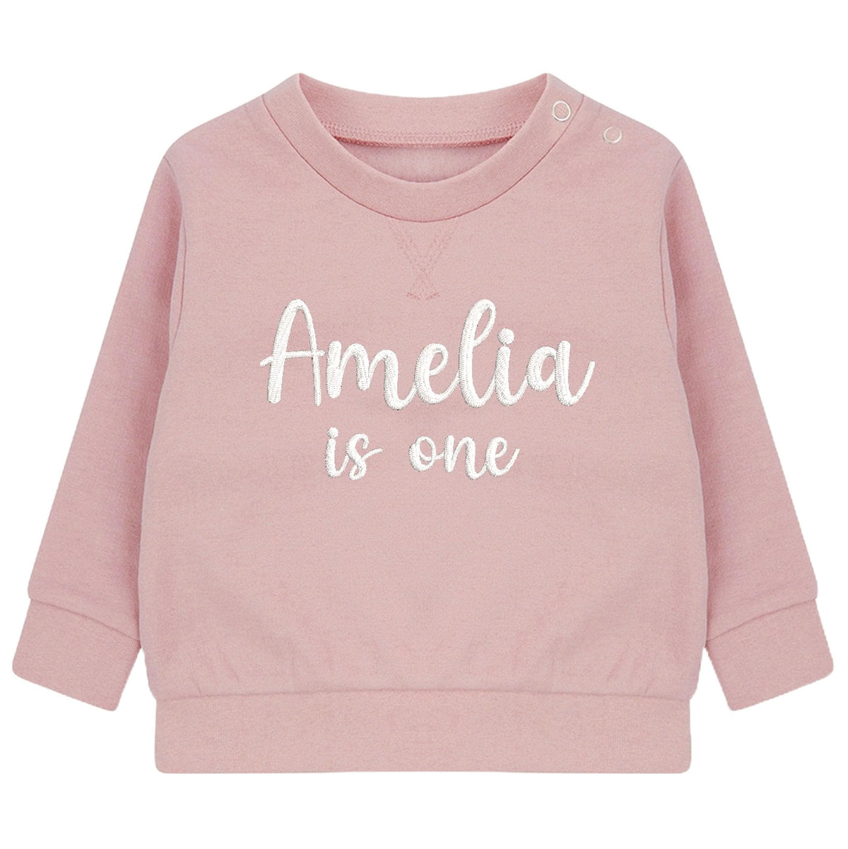 Embroidered Personalised Name Is One Baby and Toddler Girls Pink Sustainable Sweatshirts 1st Birthday Party Outfit Gift