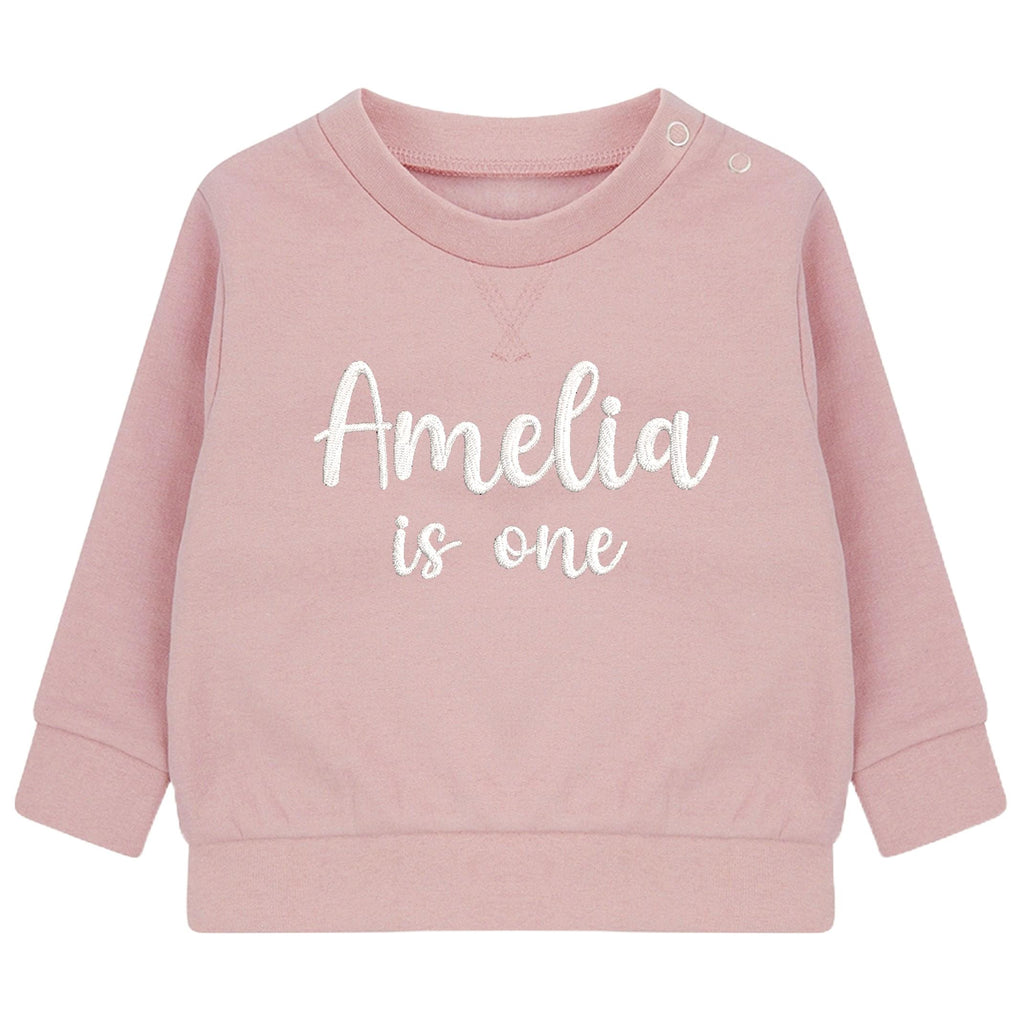 Embroidered Personalised Name Is One Baby and Toddler Girls Pink Sustainable Sweatshirts 1st Birthday Party Outfit Gift