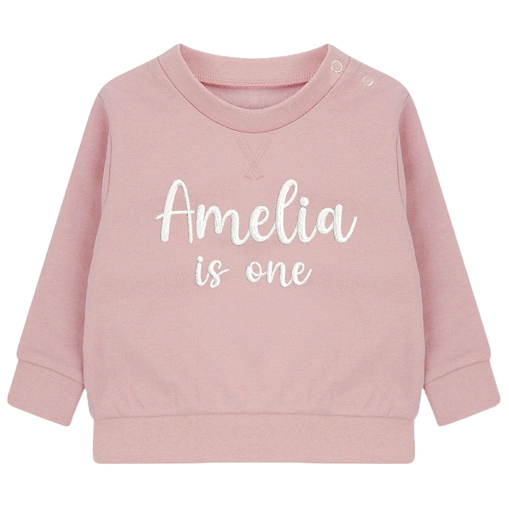 Embroidered Personalised Name Is One Baby and Toddler Girls Pink Sustainable Sweatshirts 1st Birthday Party Outfit Gift