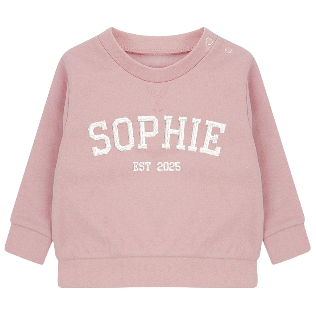 Embroidered Name Personalised Year Boys & Girls Sustainable Sweatshirts Baby and Toddler Custom Varsity Jumper Gift