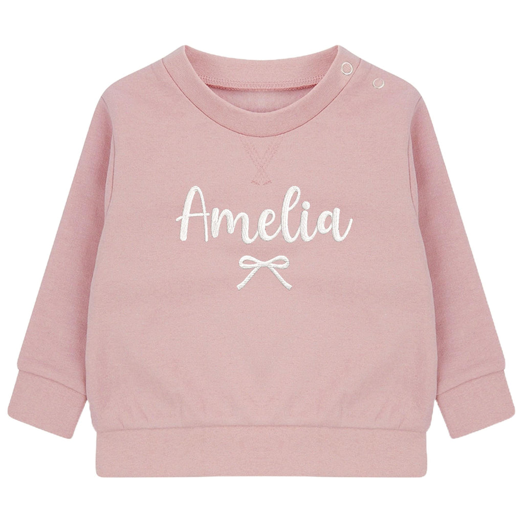 Embroidered Personalised Name Baby and Toddler Girls Pink Bow Sustainable Sweatshirts