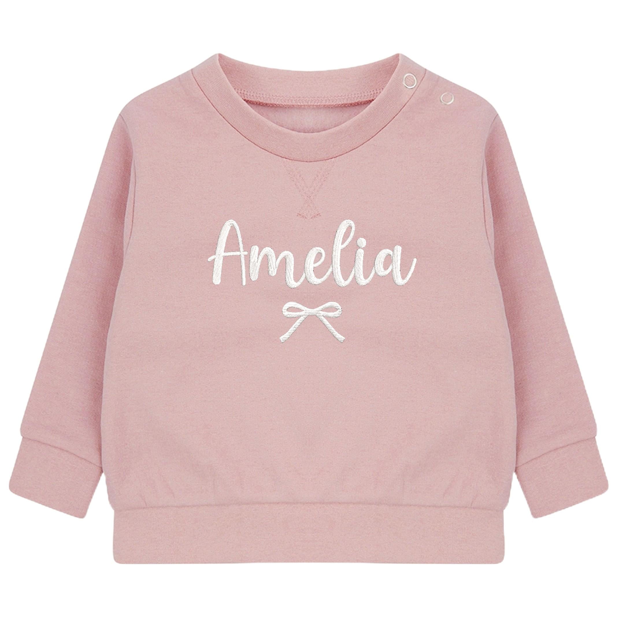 Embroidered Personalised Name Baby and Toddler Girls Pink Bow Sustainable Sweatshirts