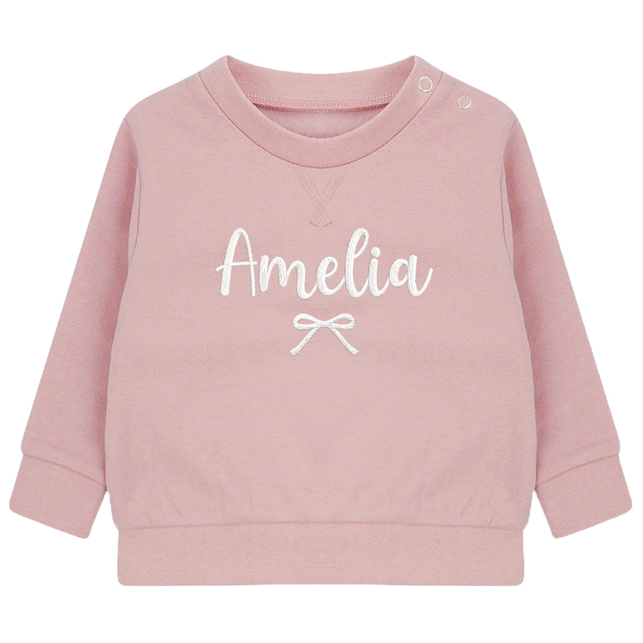 Embroidered Personalised Name Baby and Toddler Girls Pink Bow Sustainable Sweatshirts