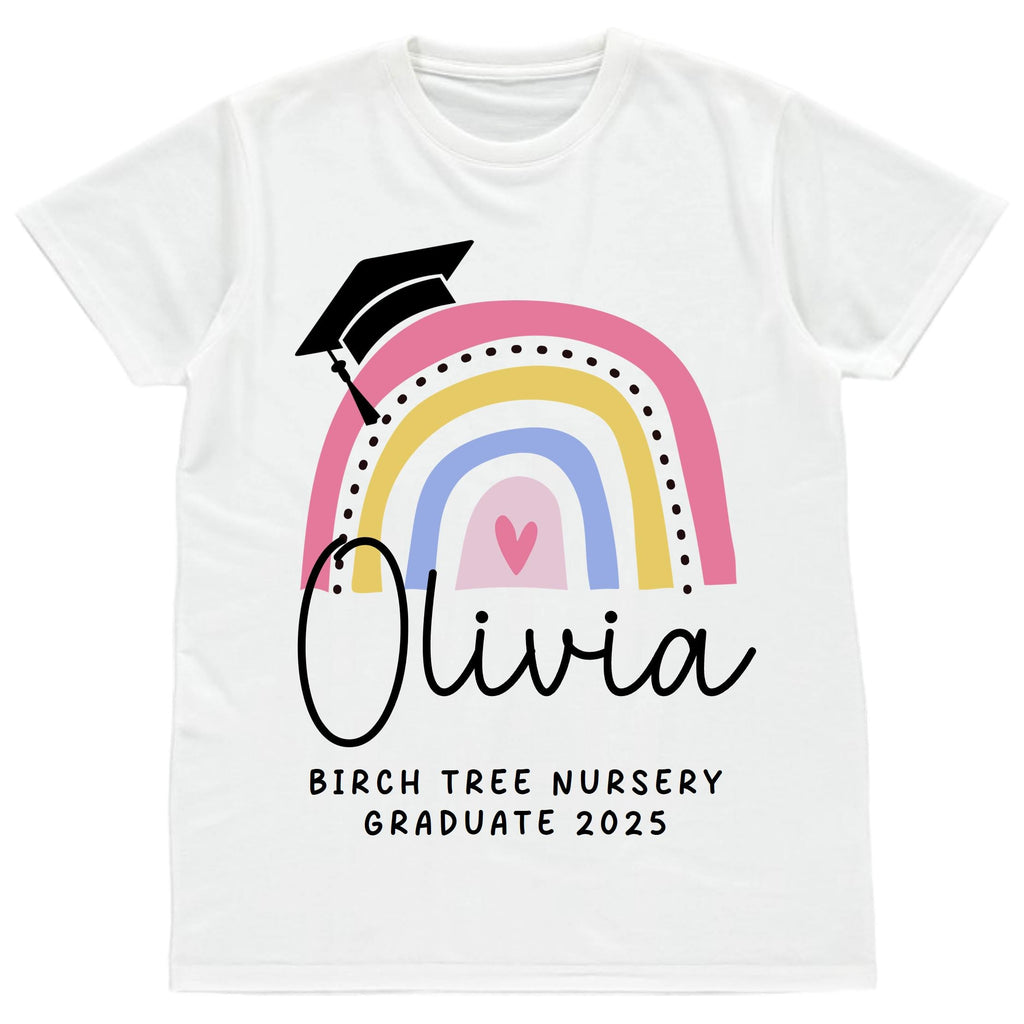 Kids Personalised Nursery Graduation T-Shirts Rainbow Girls Boys Pre School Leavers Class Of Keepsake
