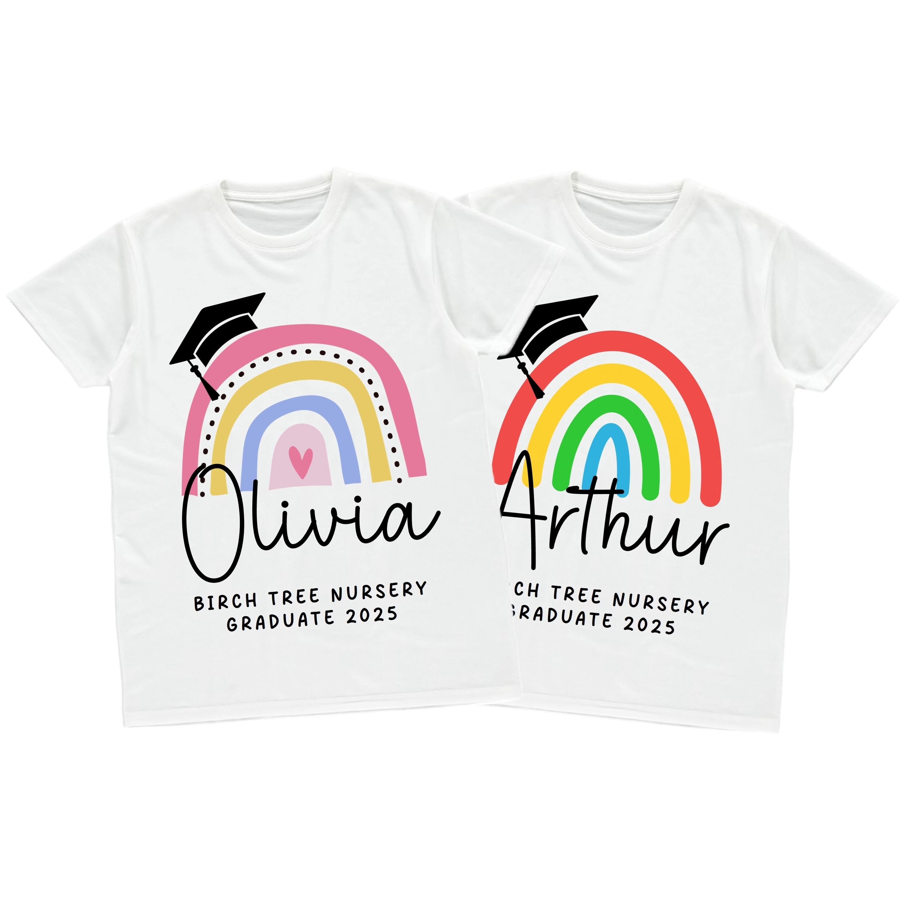 Kids Personalised Nursery Graduation T-Shirts Rainbow Girls Boys Pre School Leavers Class Of Keepsake