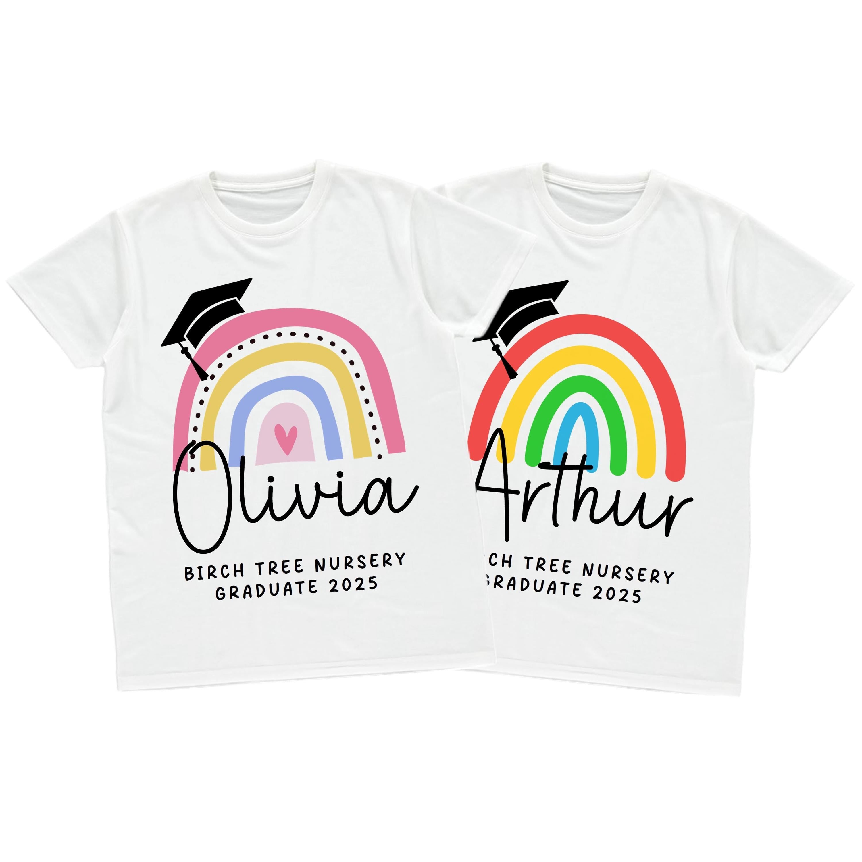 Kids Personalised Nursery Graduation T-Shirts Rainbow Girls Boys Pre School Leavers Class Of Keepsake
