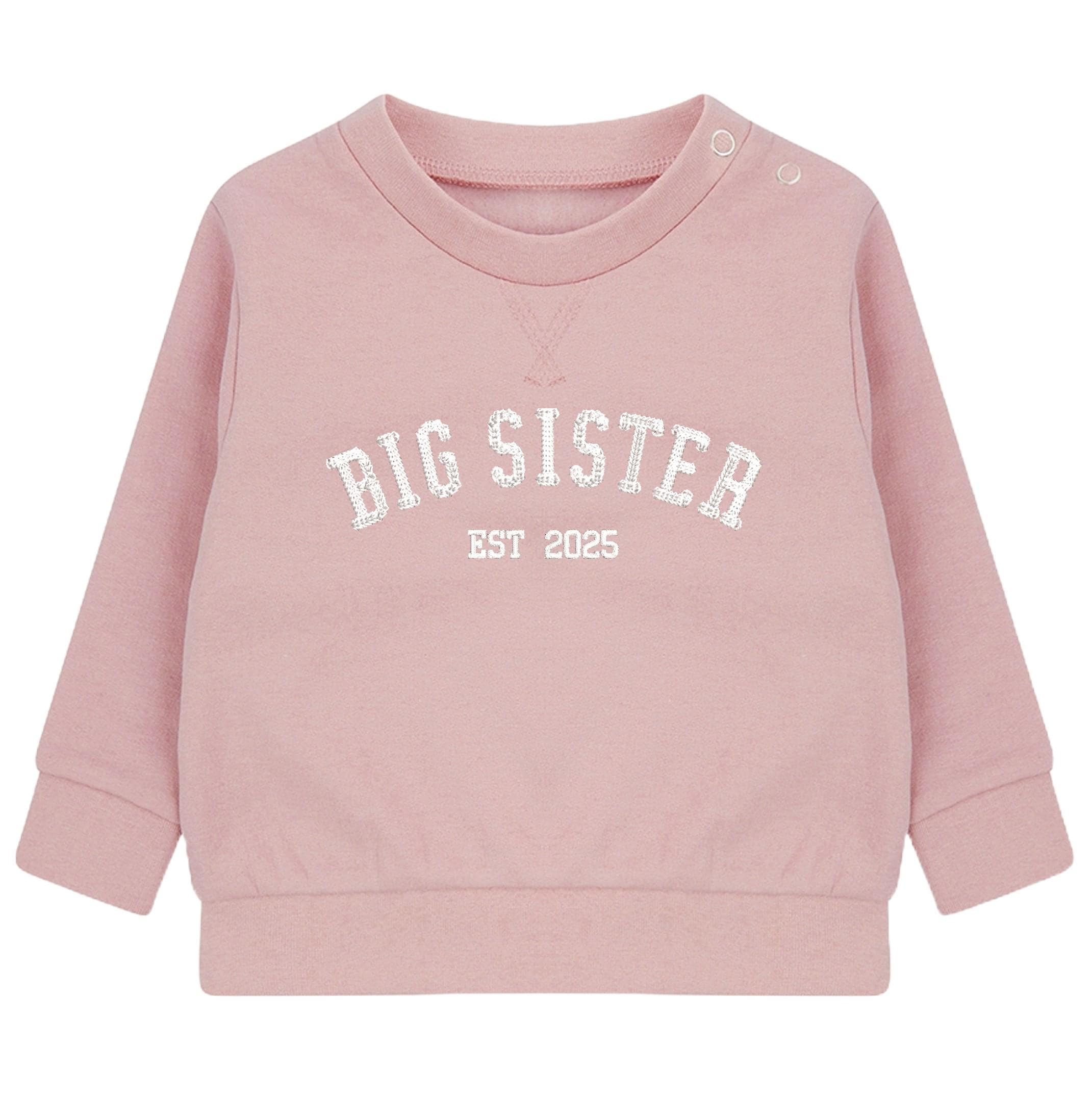 Embroidered Big Sister Personalised Year Girls Pink Sustainable Sweatshirts Baby and Toddler Custom Varsity New Sibling Gift