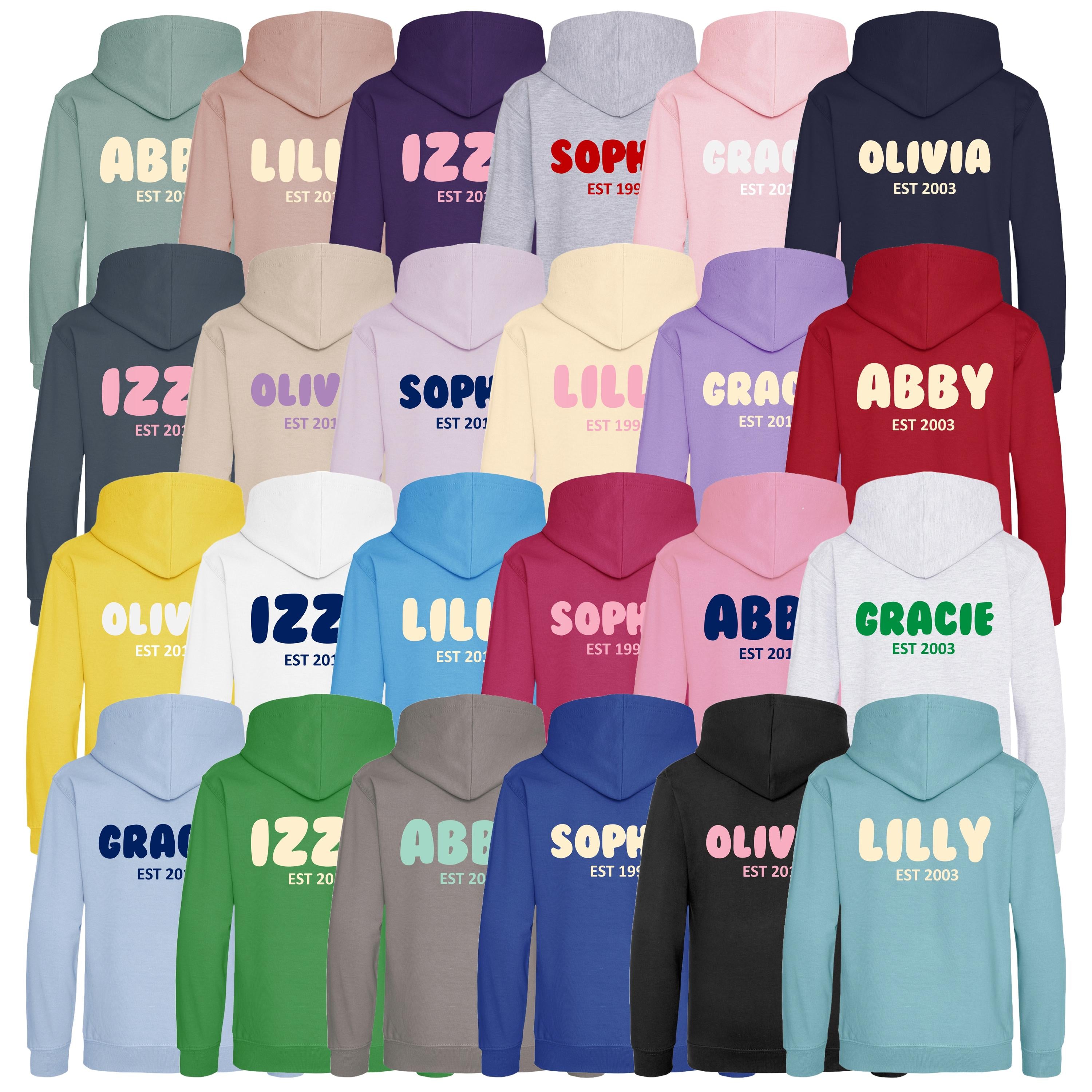 Personalised Bubble Font Name Hoodie (Kids & Adults Sizes) Custom Text Year Established Design