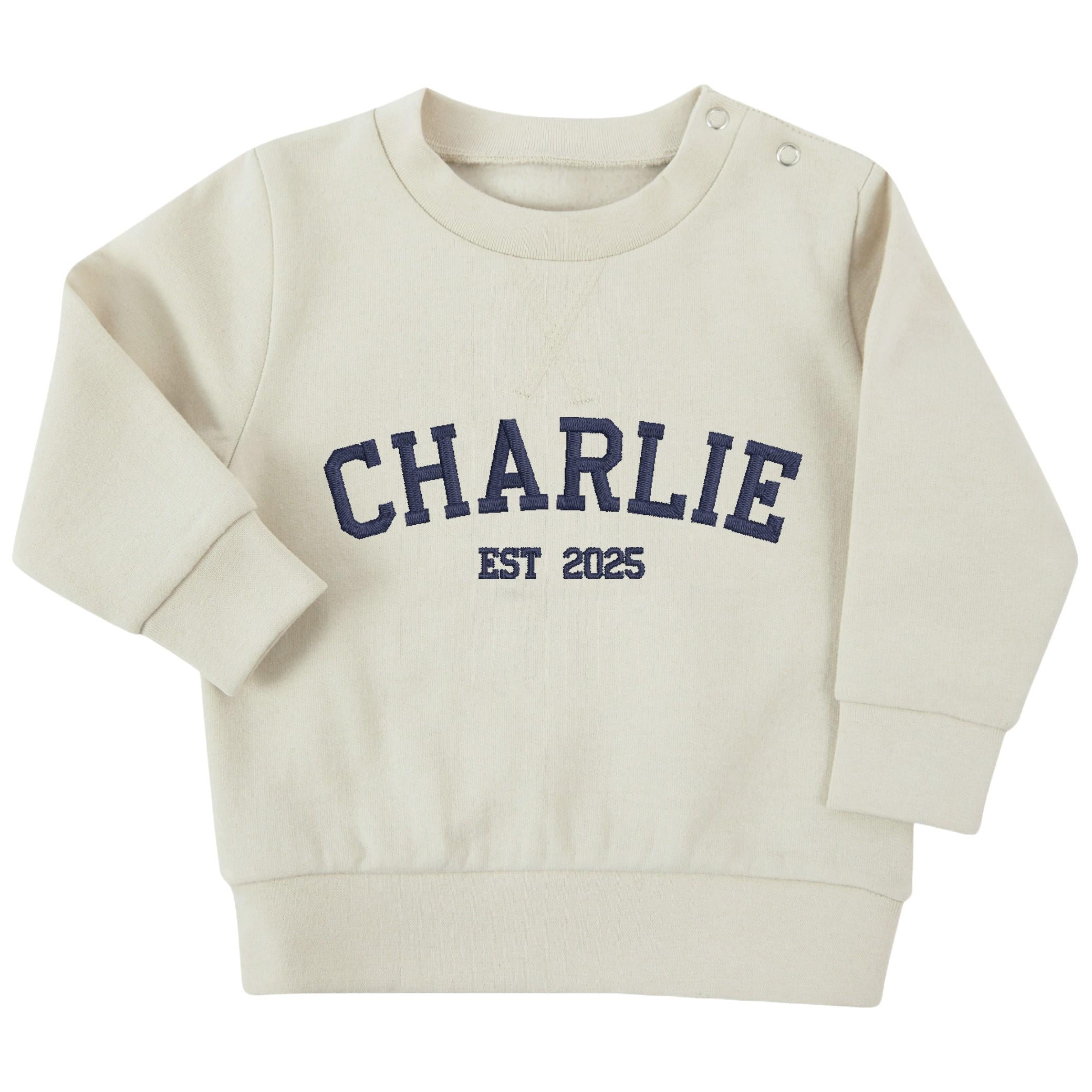 Embroidered Name Personalised Year Boys & Girls Sustainable Sweatshirts Baby and Toddler Custom Varsity Jumper Gift