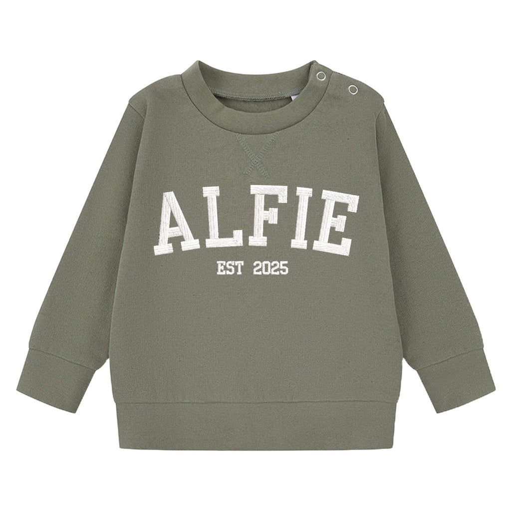 Embroidered Name Personalised Year Boys & Girls Sustainable Sweatshirts Baby and Toddler Custom Varsity Jumper Gift
