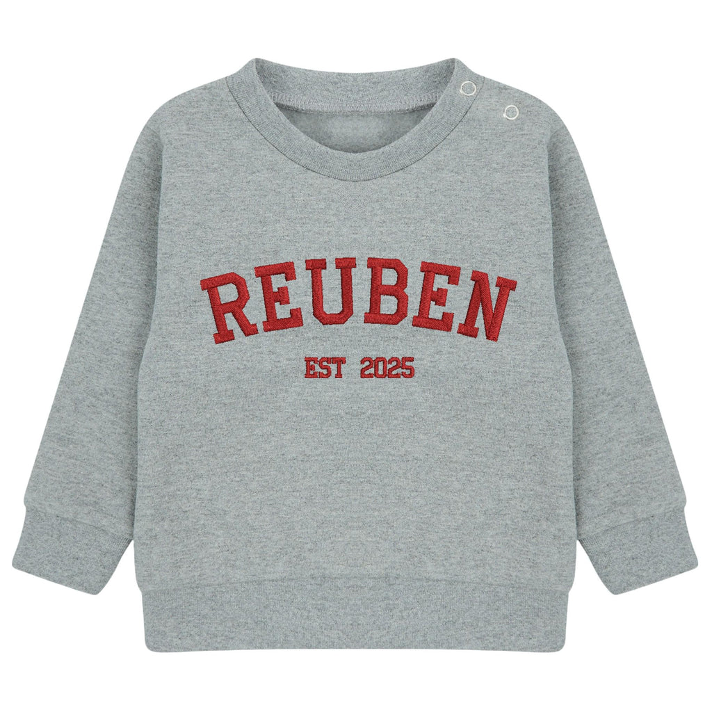 Embroidered Name Personalised Year Boys & Girls Sustainable Sweatshirts Baby and Toddler Custom Varsity Jumper Gift