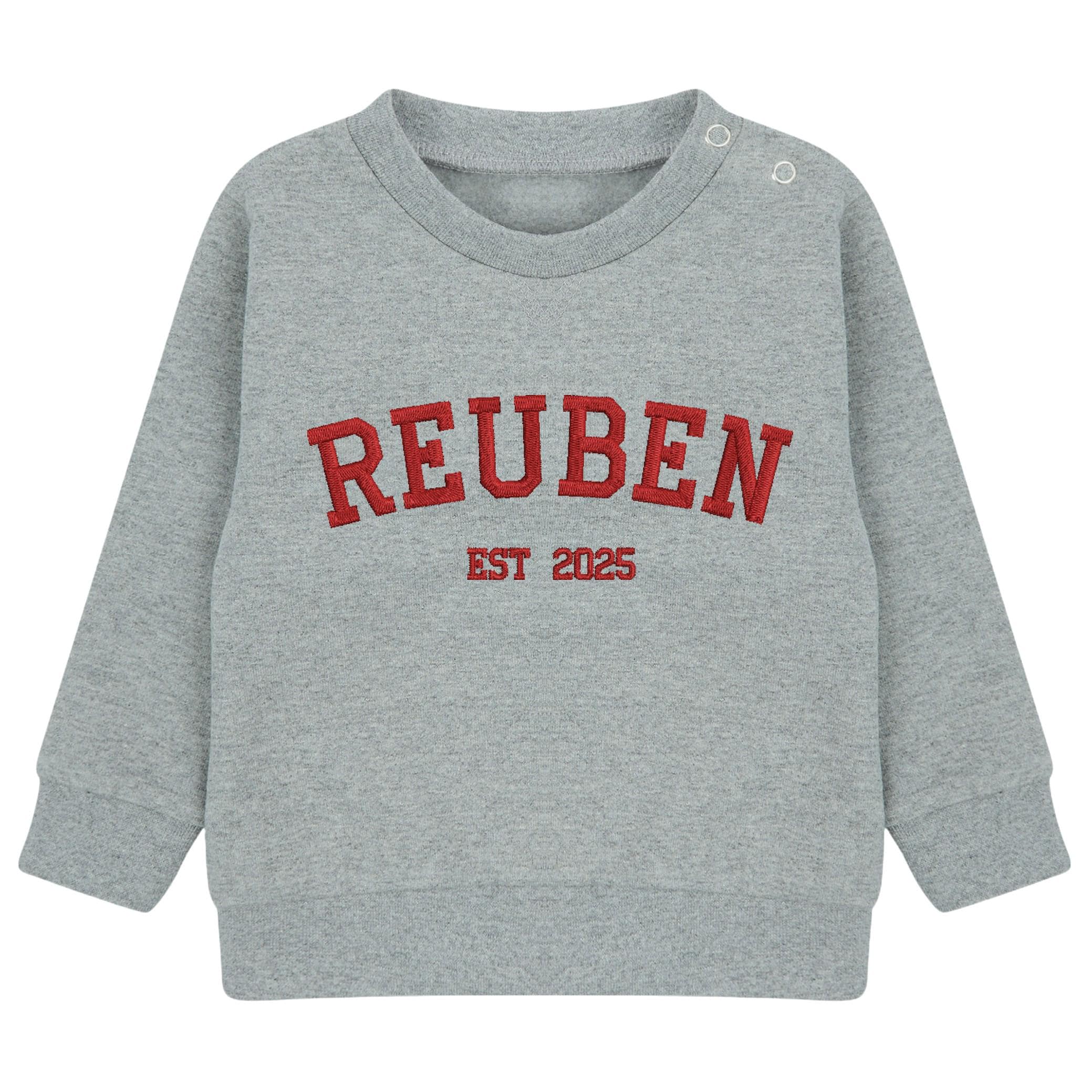 Embroidered Name Personalised Year Boys & Girls Sustainable Sweatshirts Baby and Toddler Custom Varsity Jumper Gift